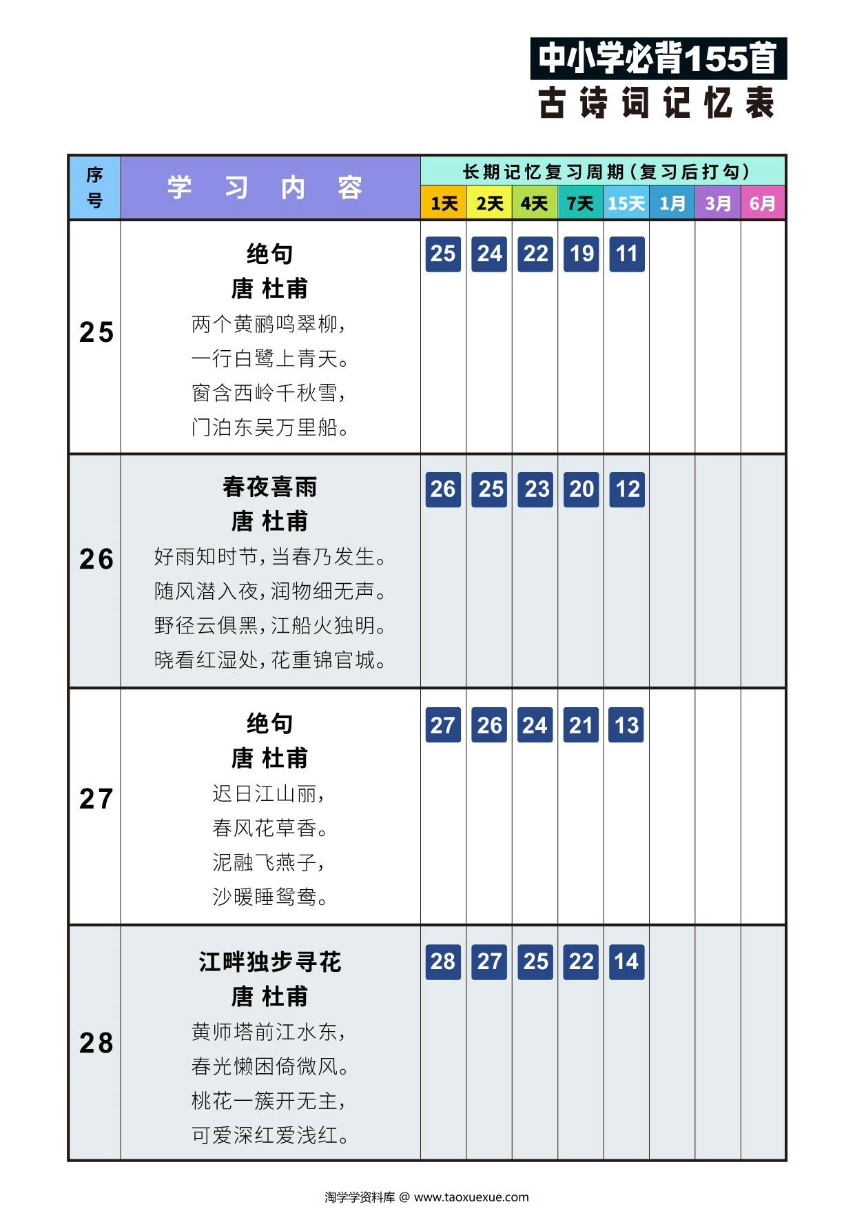 图片[2]-155首古诗词艾宾浩斯记忆表，43页PDF可打印-淘学学资料库