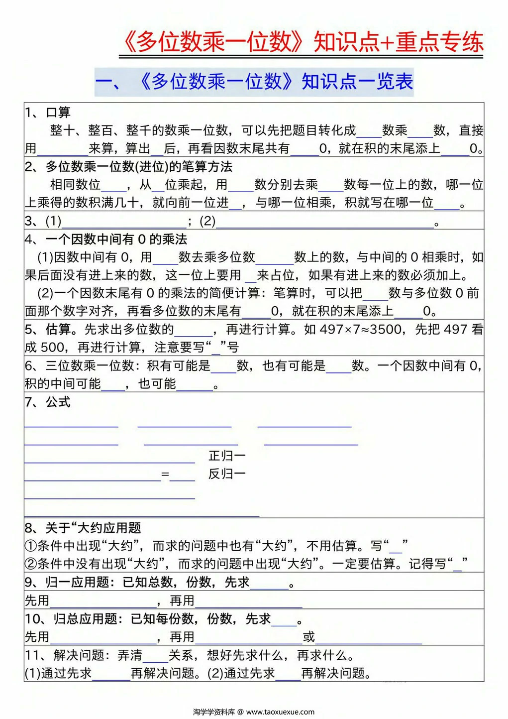 图片[1]-《多位数乘一位数》知识点+重点专项（含答案），10页PDF电子版-淘学学资料库