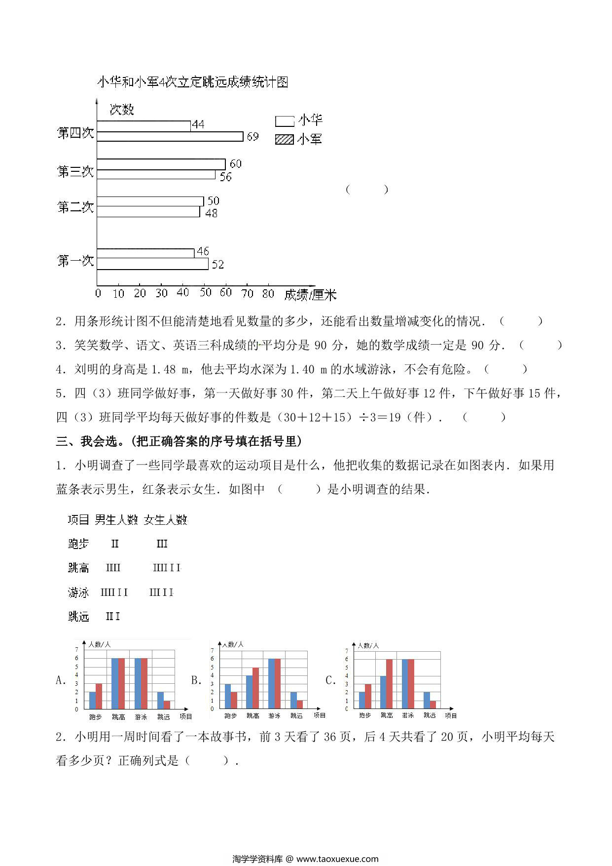 图片[3]-【单元AB卷】第八单元 平均数与条形统计图 四年级下册数学单元检测试题B卷 人教版，9页PDF可打印-淘学学资料库