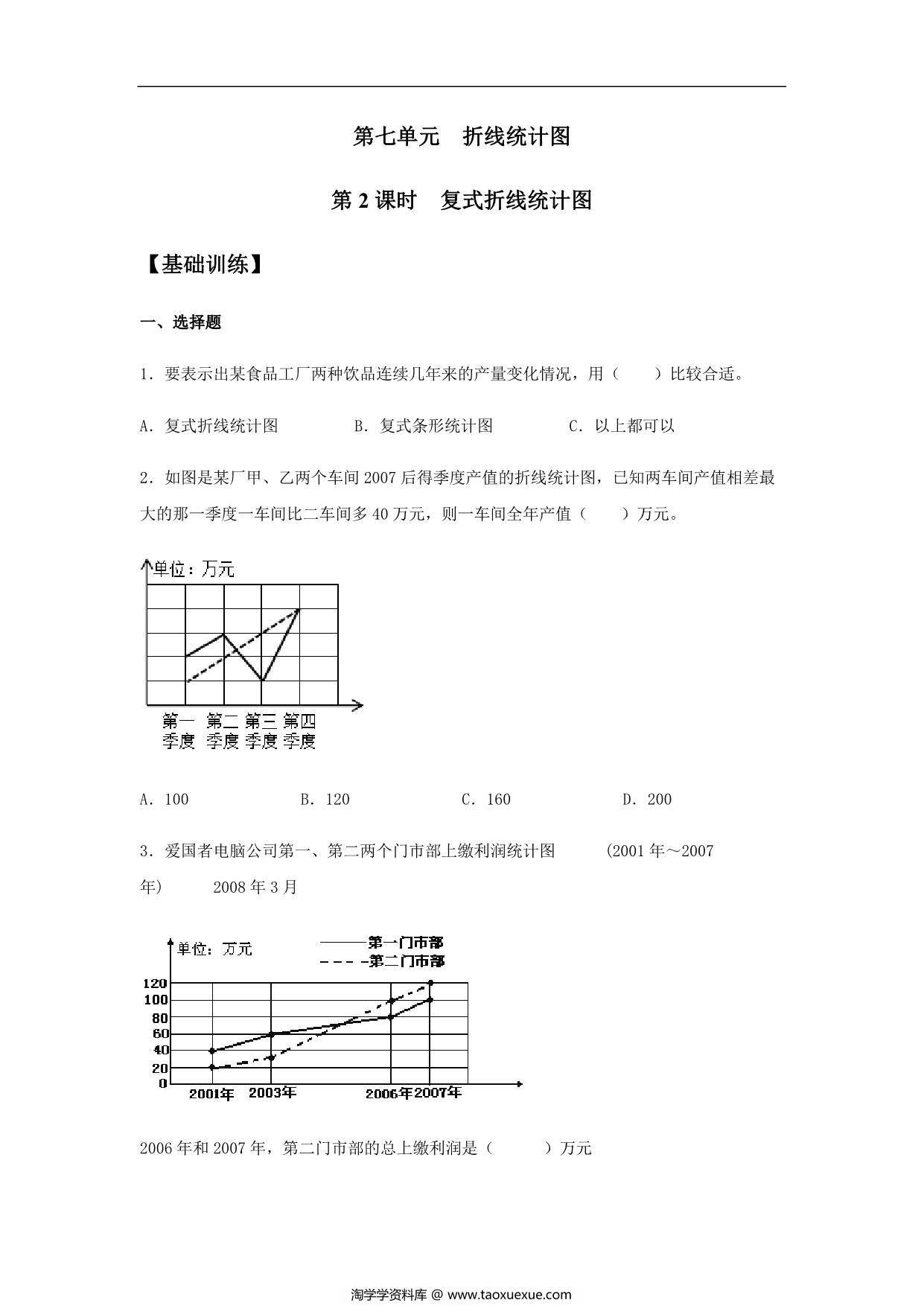 图片[1]-【基础+提升】第七单元7.2 复式折线统计图 五年级下册数学同步练习 人教版，8页PDF可打印-淘学学资料库