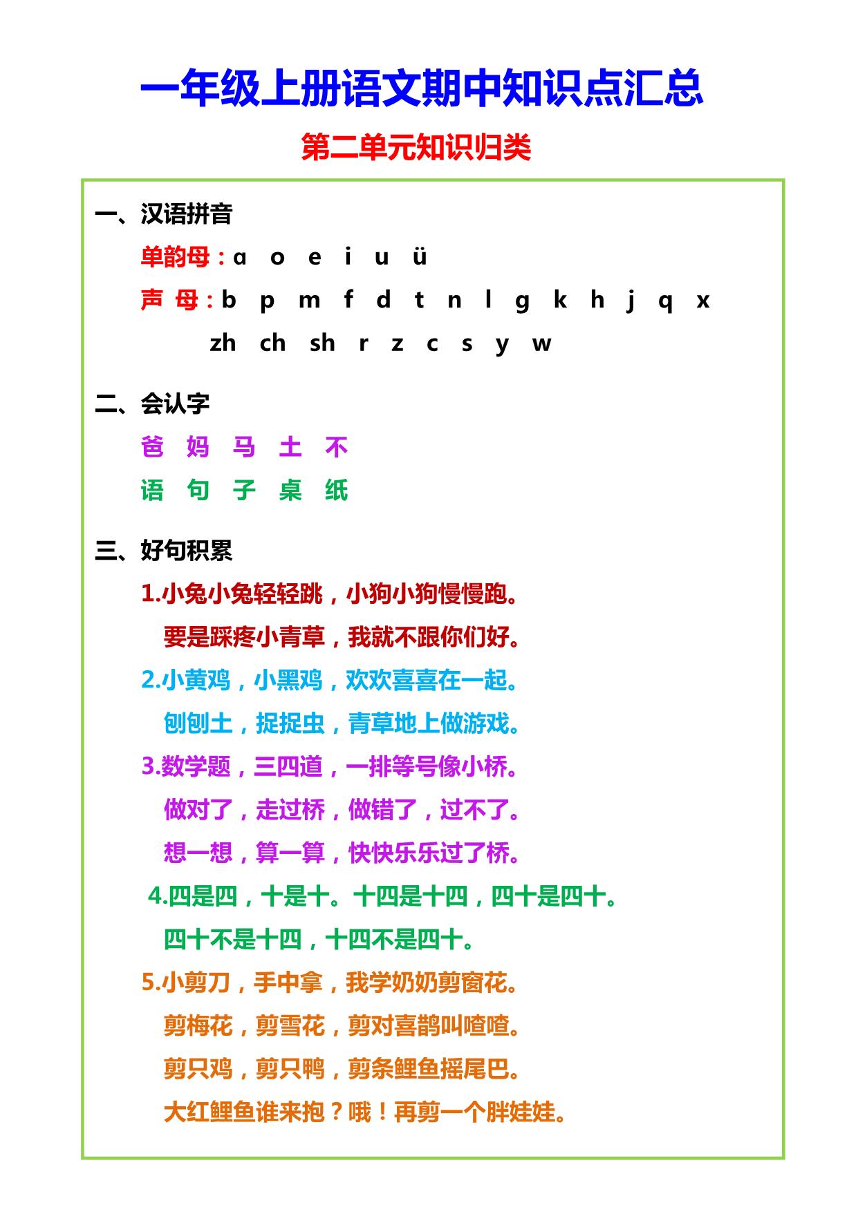 图片[2]-一年级上册语文期中知识点汇总，5页PDF可打印-淘学学资料库