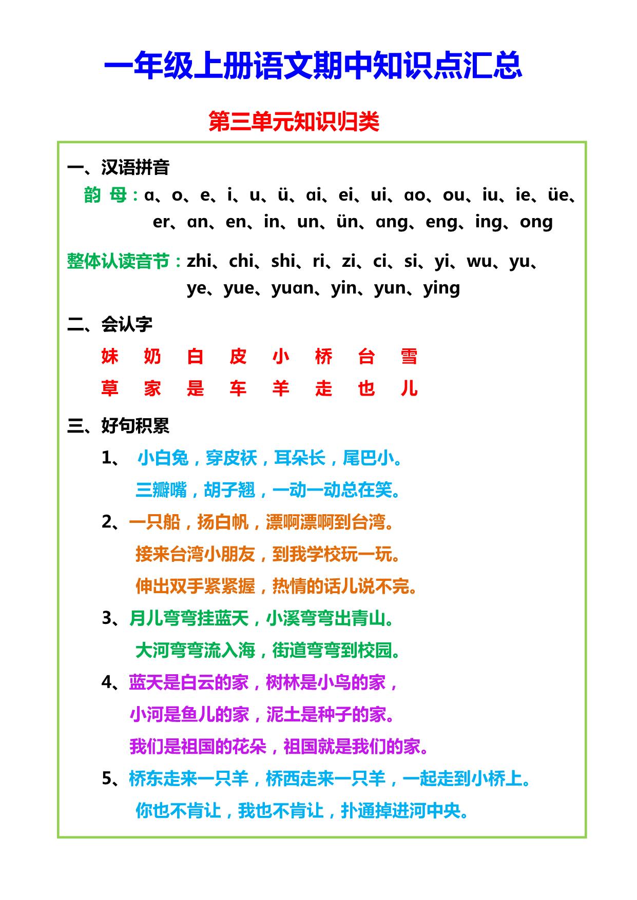 图片[3]-一年级上册语文期中知识点汇总，5页PDF可打印-淘学学资料库