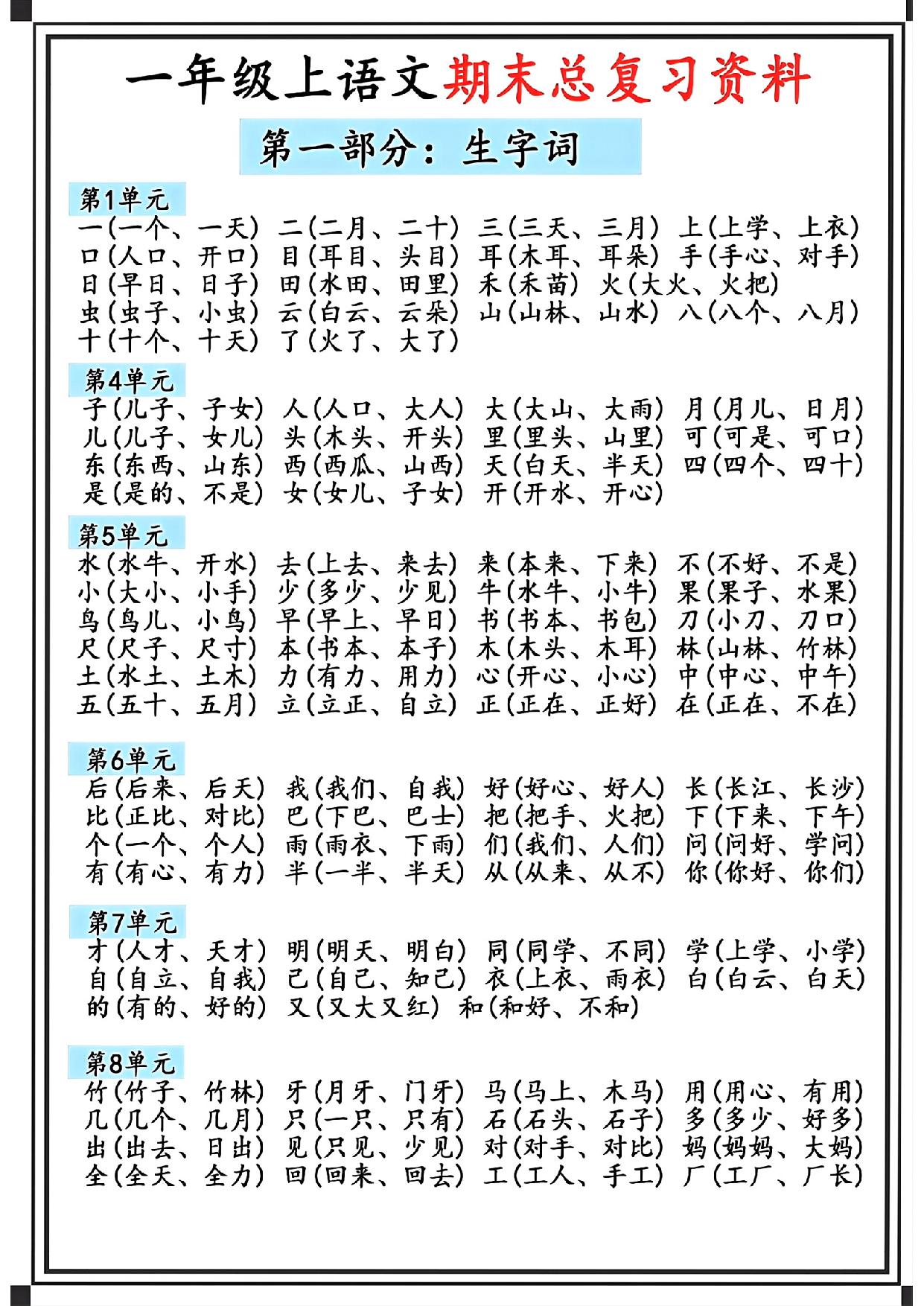图片[1]-一年级上册语文期末总复习资料，5页PDF电子版可打印-淘学学资料库