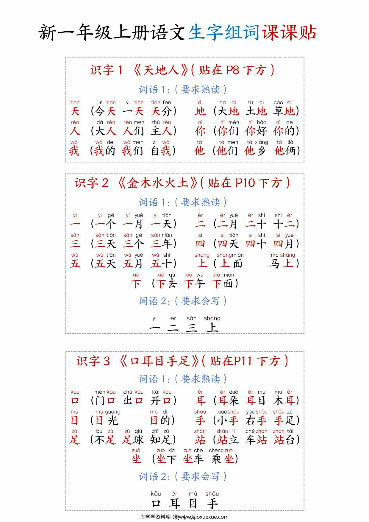 图片[1]-一年级上册语文生字组词课课贴，11页PDF可打印-淘学学资料库