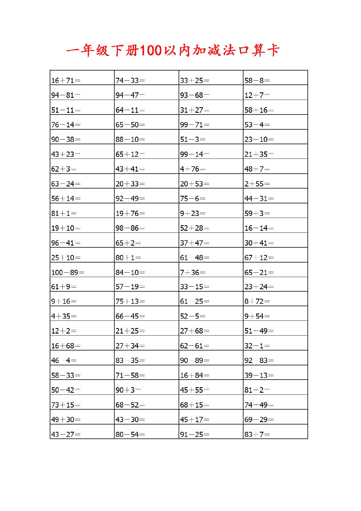 图片[1]-一年级下册数学-100以内加减法口算卡800道 8页PDF-淘学学资料库