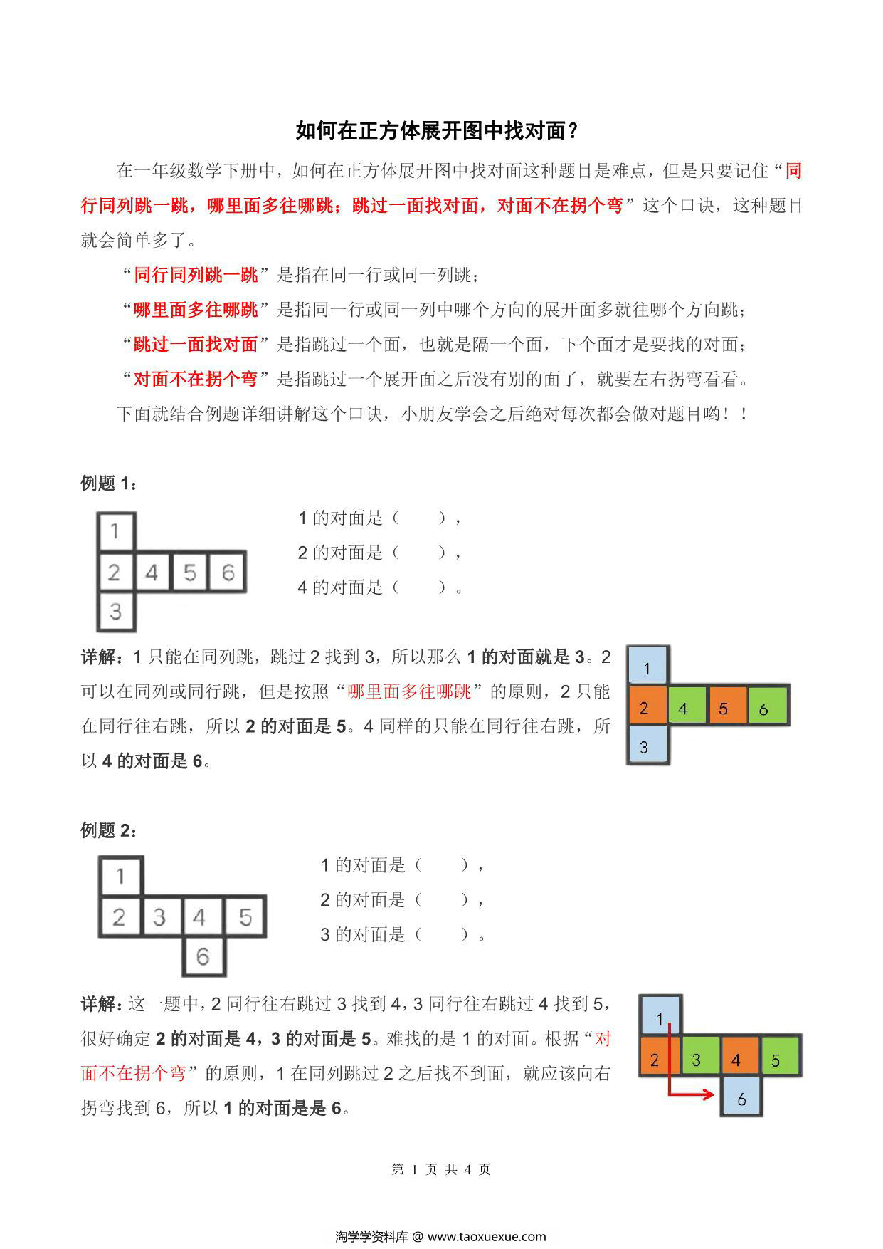 图片[1]-一年级下册数学-正方体展开找对面问题详解+练习 4页PDF-淘学学资料库