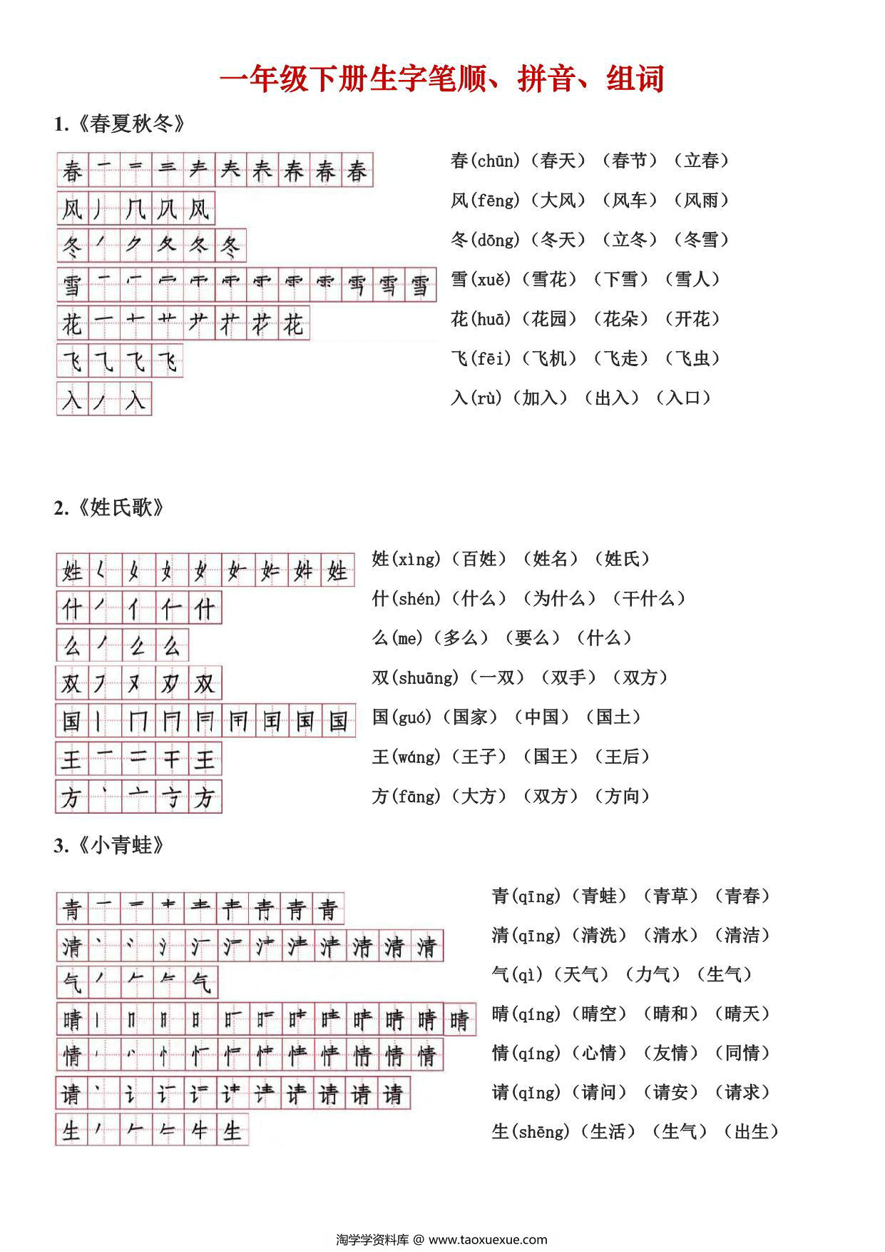 图片[1]-一年级下册语文生字笔顺读音组词，10页PDF电子版可打印-淘学学资料库