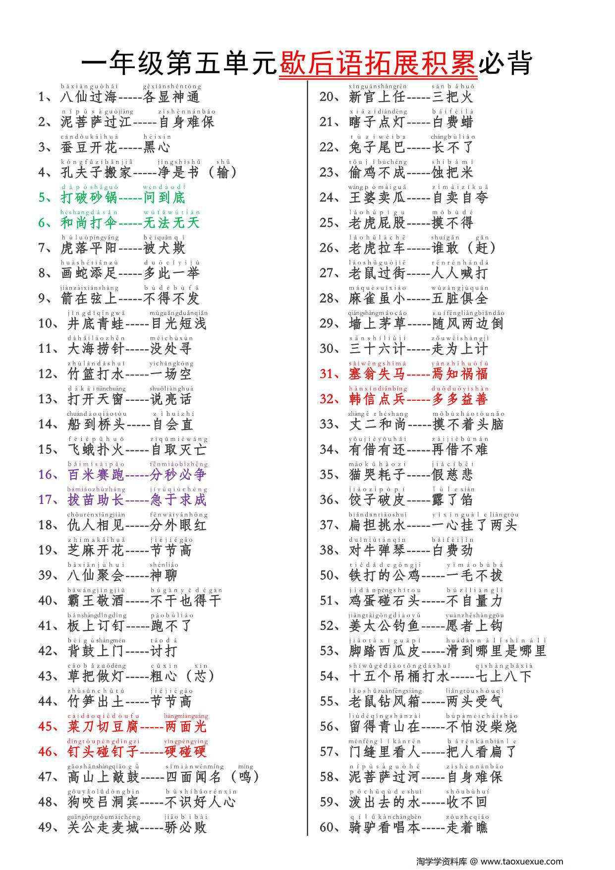 图片[1]-一年级下册语文第五单元【歇后语拓展积累】必背，2页PDF电子版-淘学学资料库