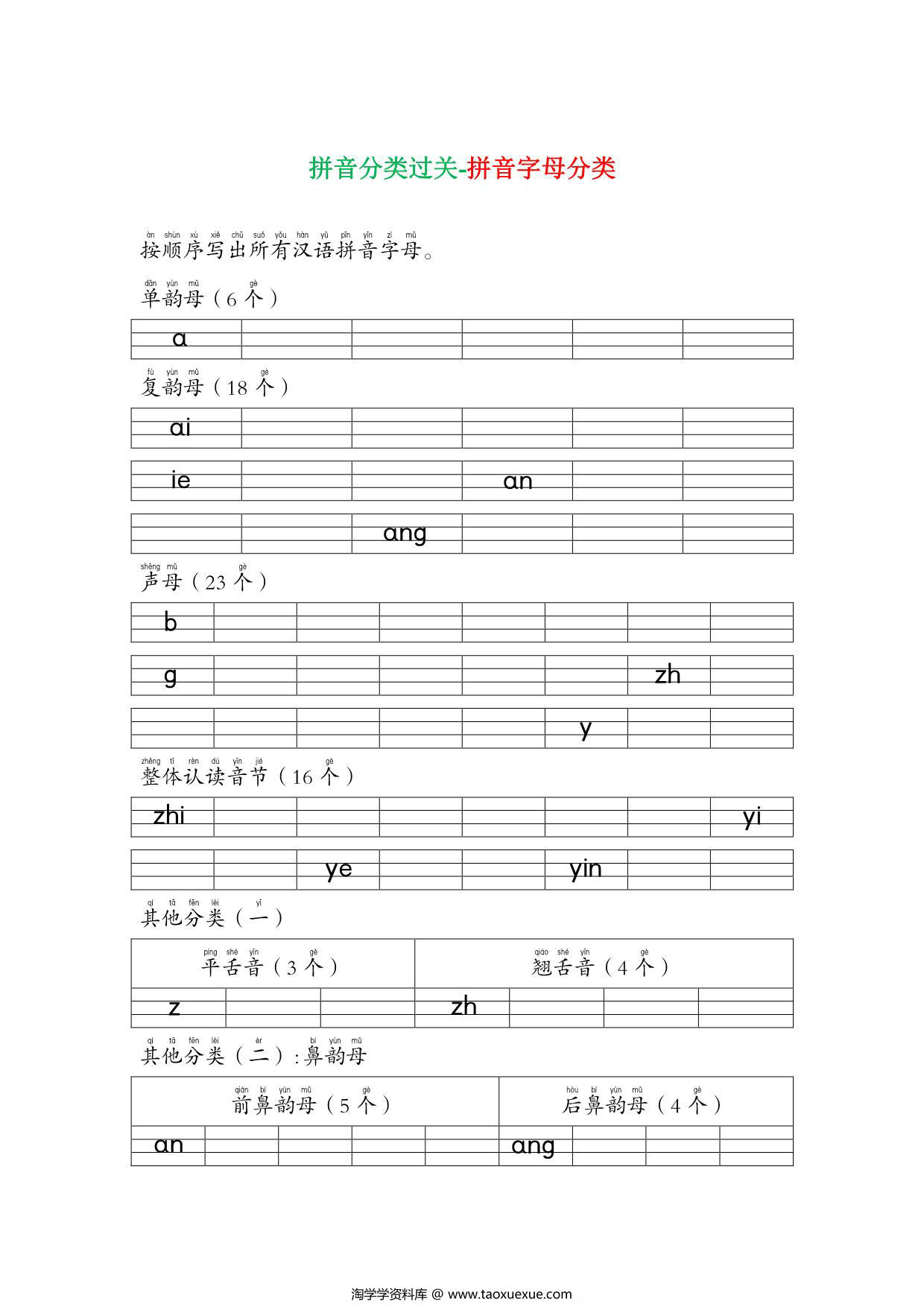 图片[1]-一年级语文上册拼音分类过关测试卷 7页PDF-淘学学资料库