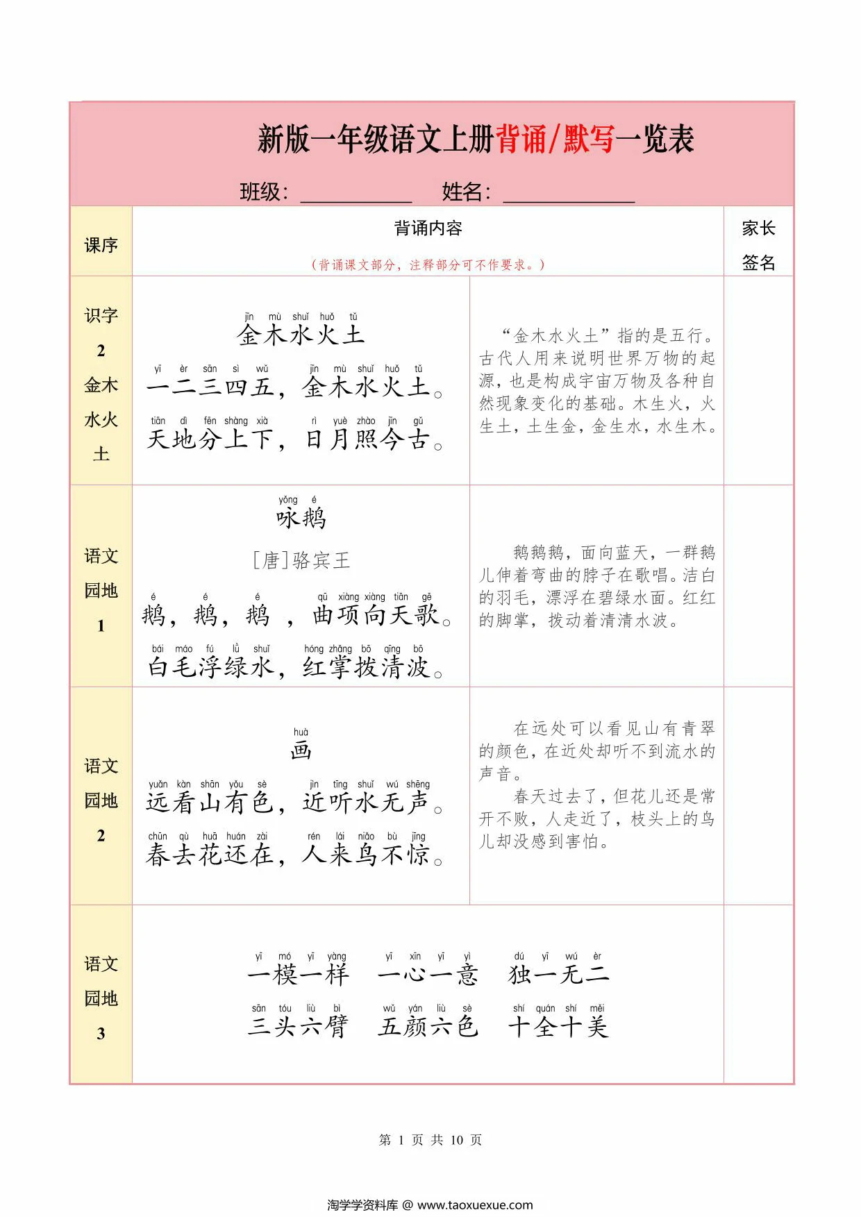 图片[1]-一年级语文上册背诵默写一览表，10页PDF可打印-淘学学资料库