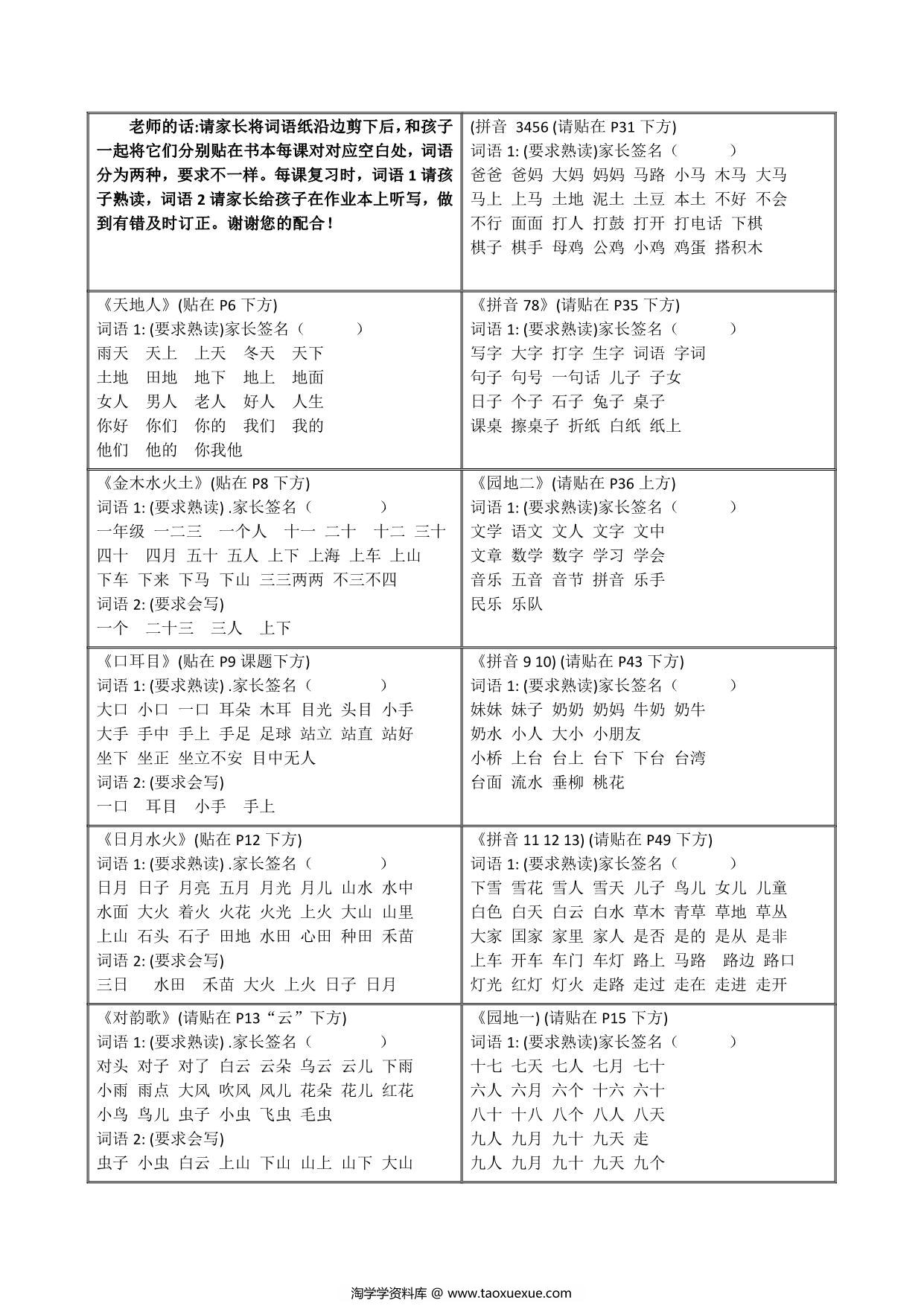 图片[1]-一年级语文上册贴书本字词 课课贴 4页PDF-淘学学资料库