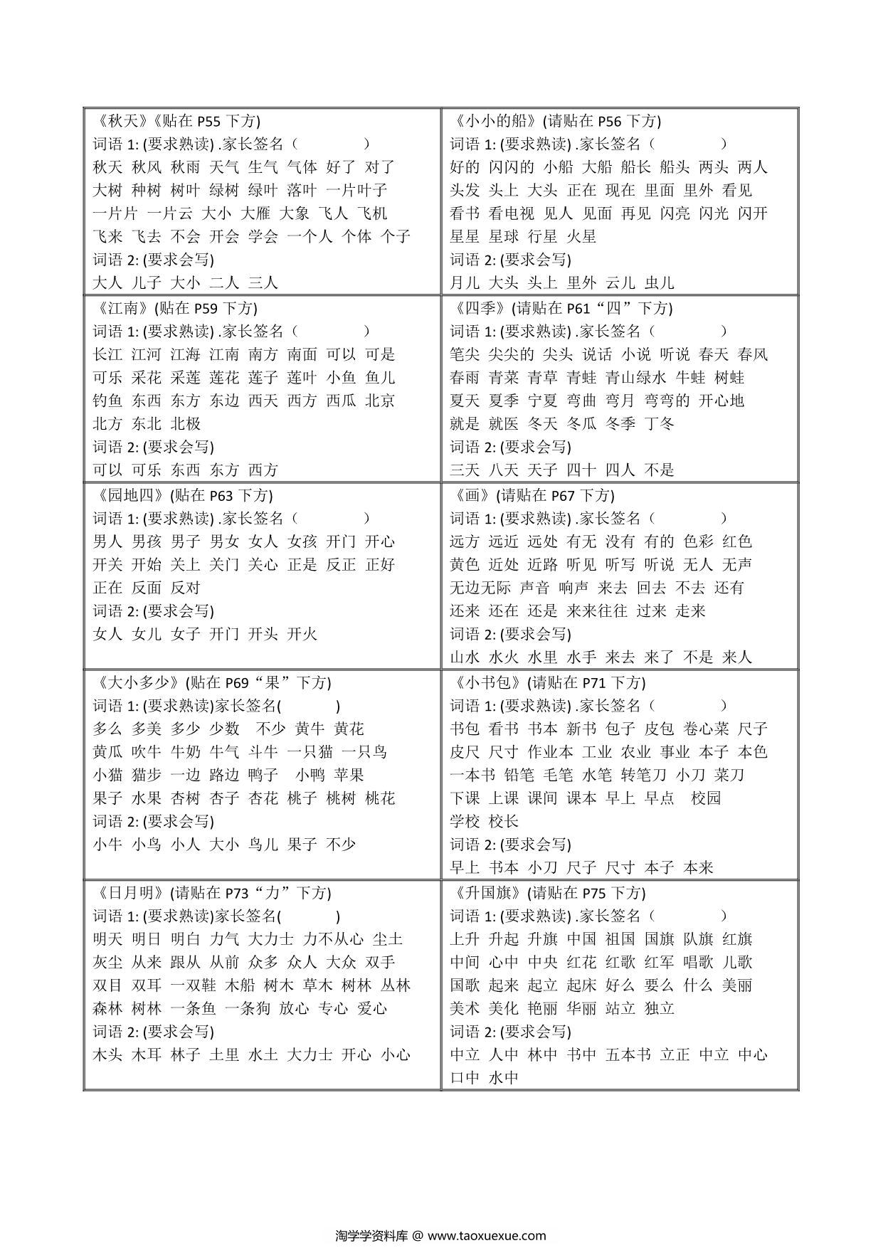 图片[2]-一年级语文上册贴书本字词 课课贴 4页PDF-淘学学资料库