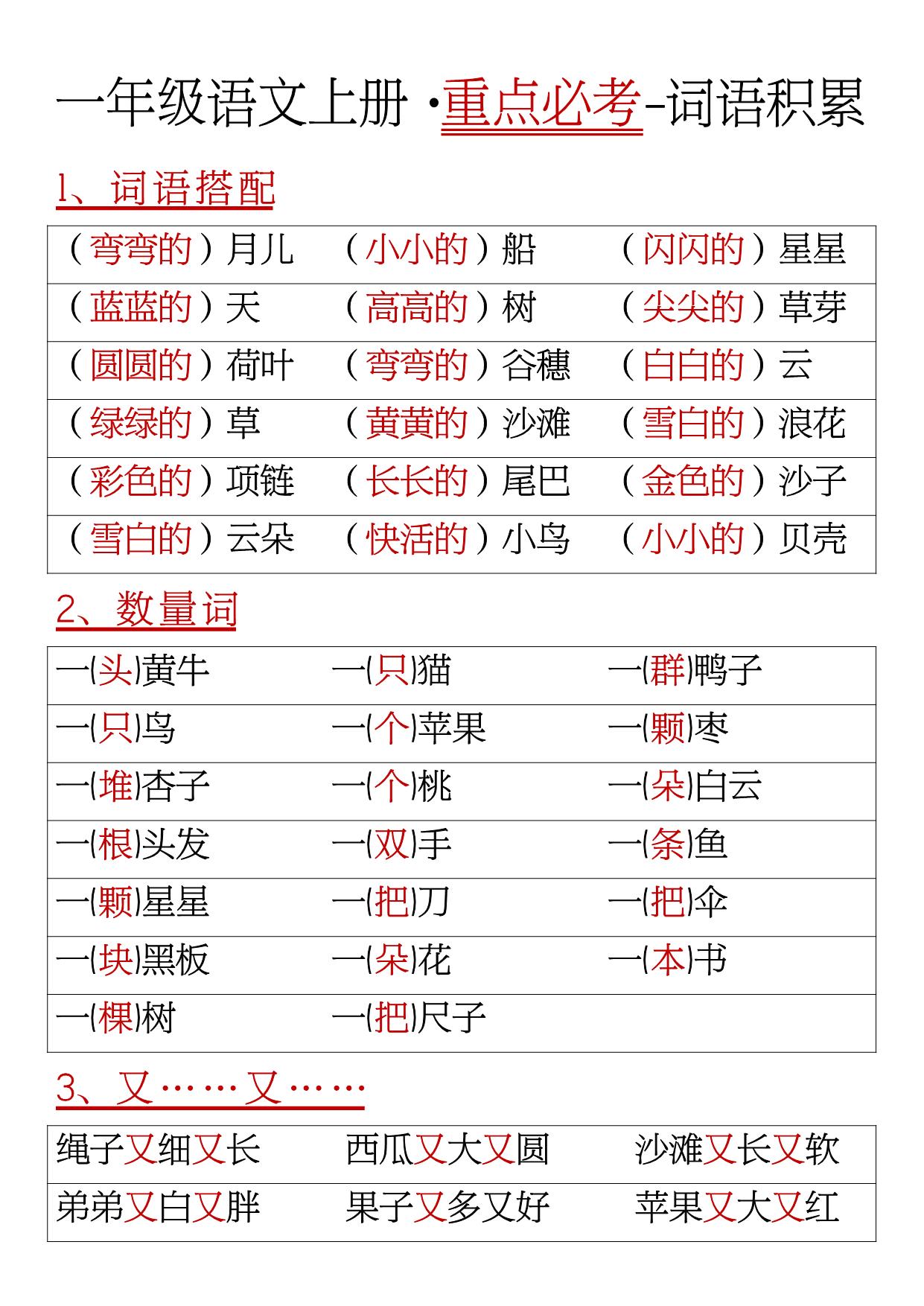 图片[1]-一年级语文上册重点必考词语积累，6页PDF电子版-淘学学资料库