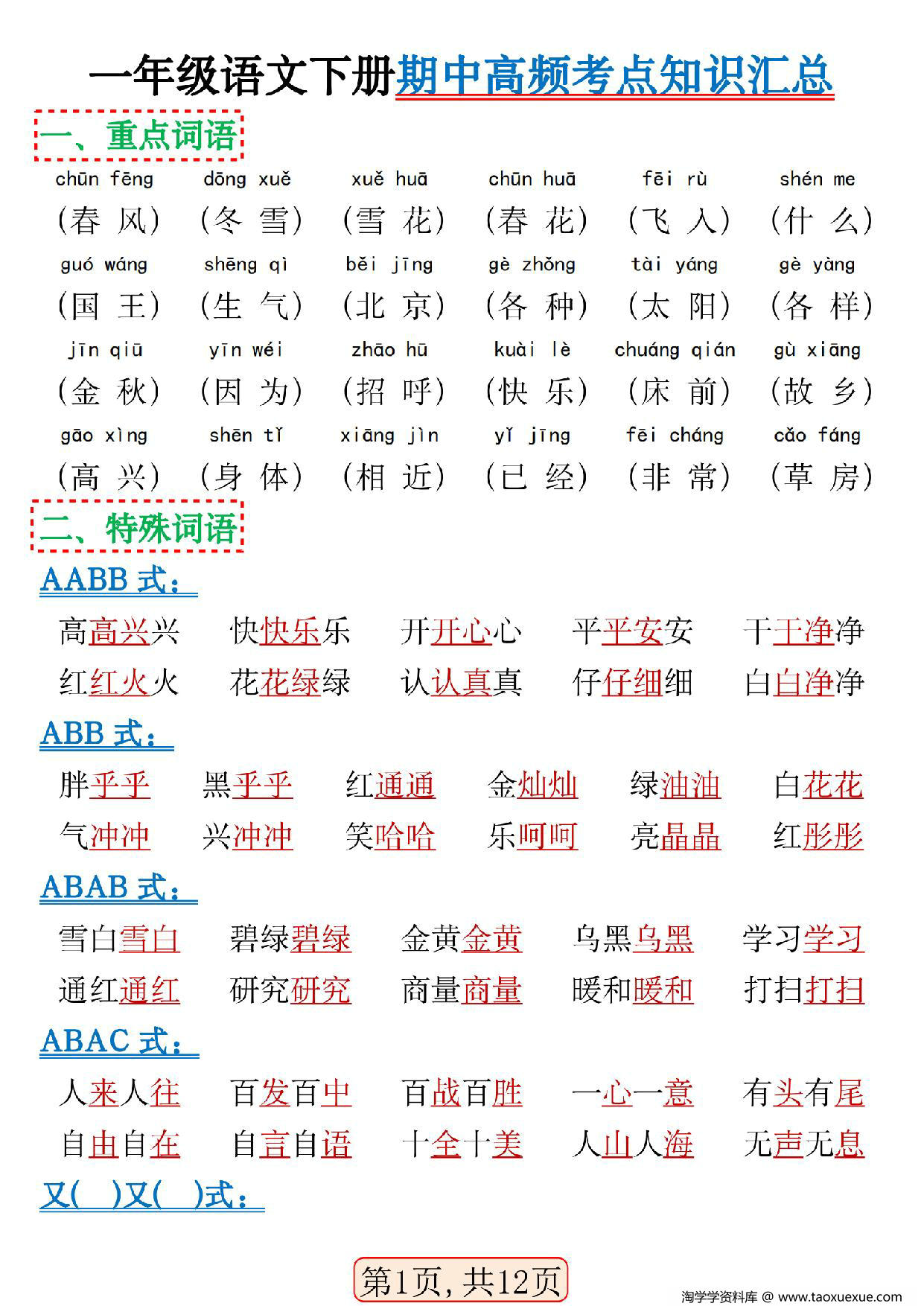 图片[1]-一年级语文下册期中高频考点知识汇总，12页PDF电子版-淘学学资料库