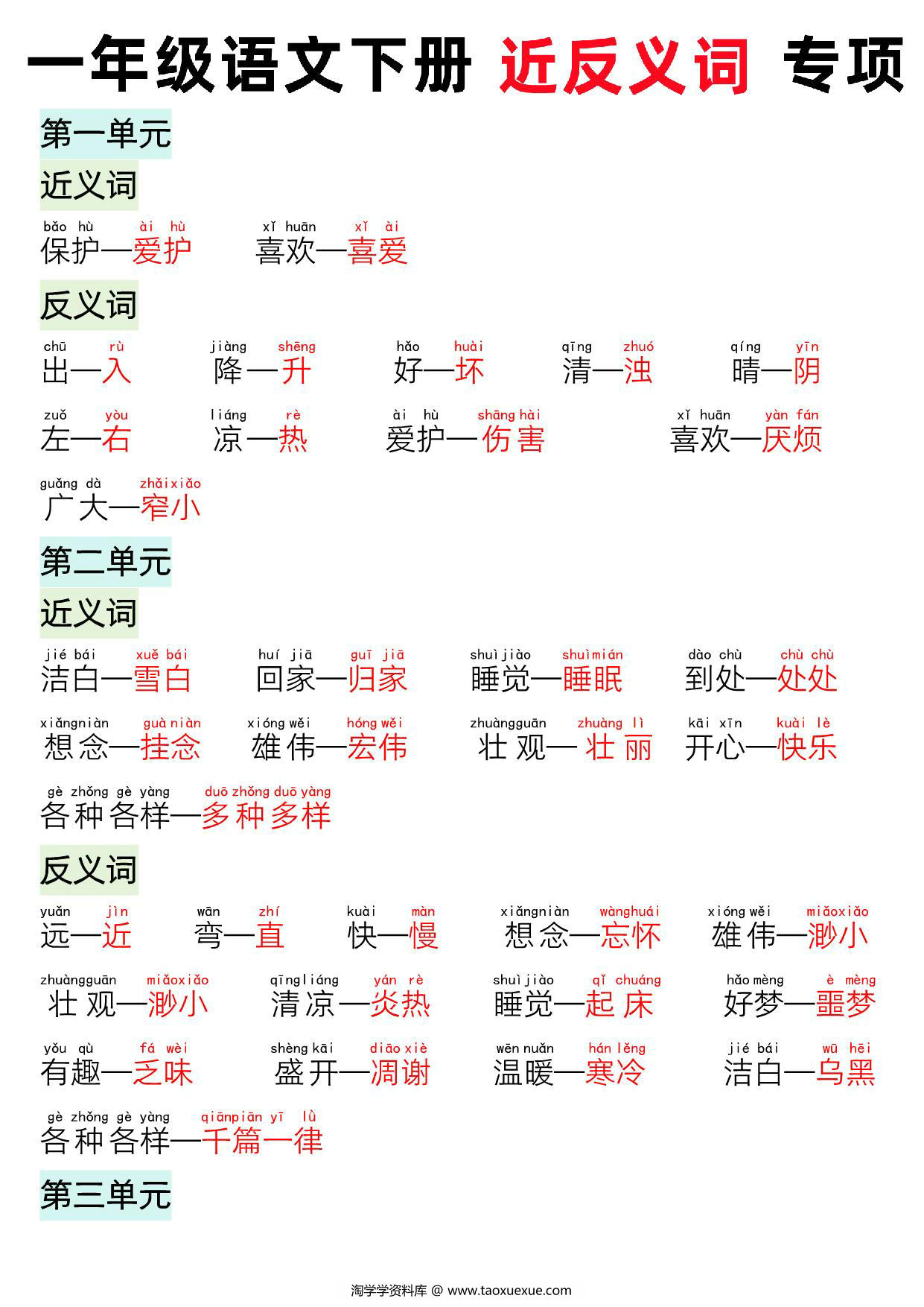 图片[1]-一年级语文下册近义词反义词专项，4页PDF电子版-淘学学资料库