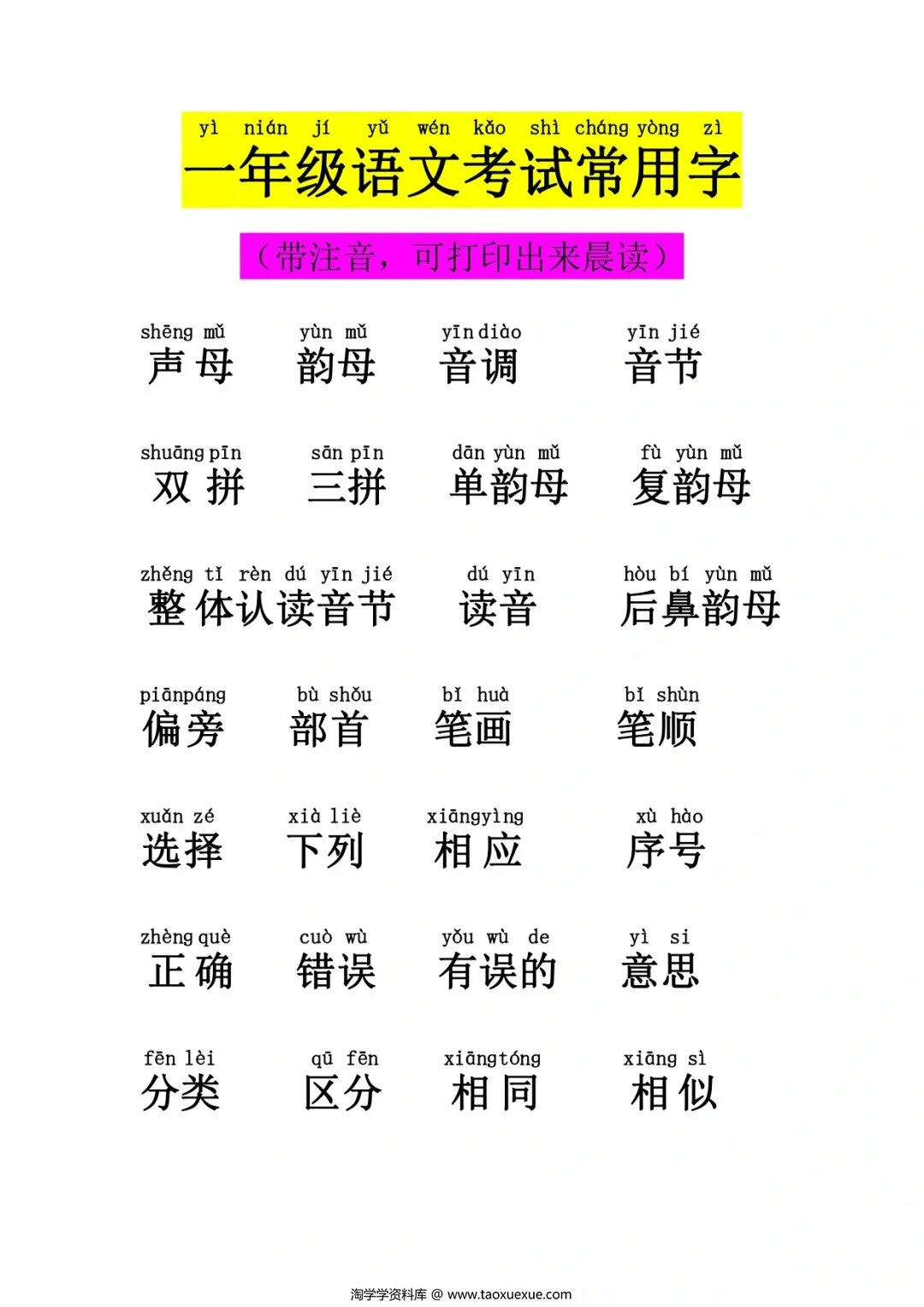 图片[1]-一年级语文考试常用字，4页PDF电子版-淘学学资料库