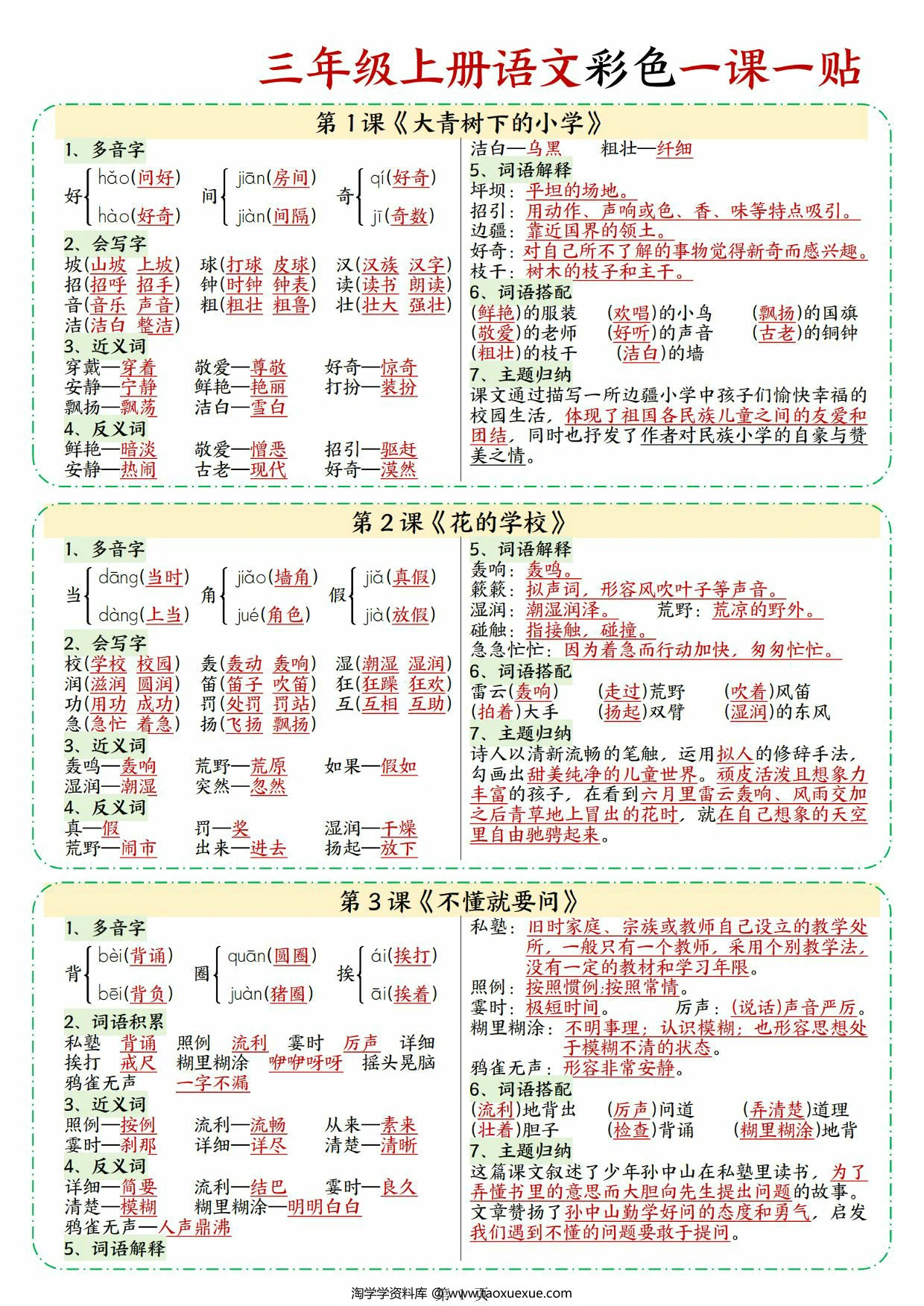 图片[1]-三年级上册语文彩色一课一贴，9页PDF可打印-淘学学资料库