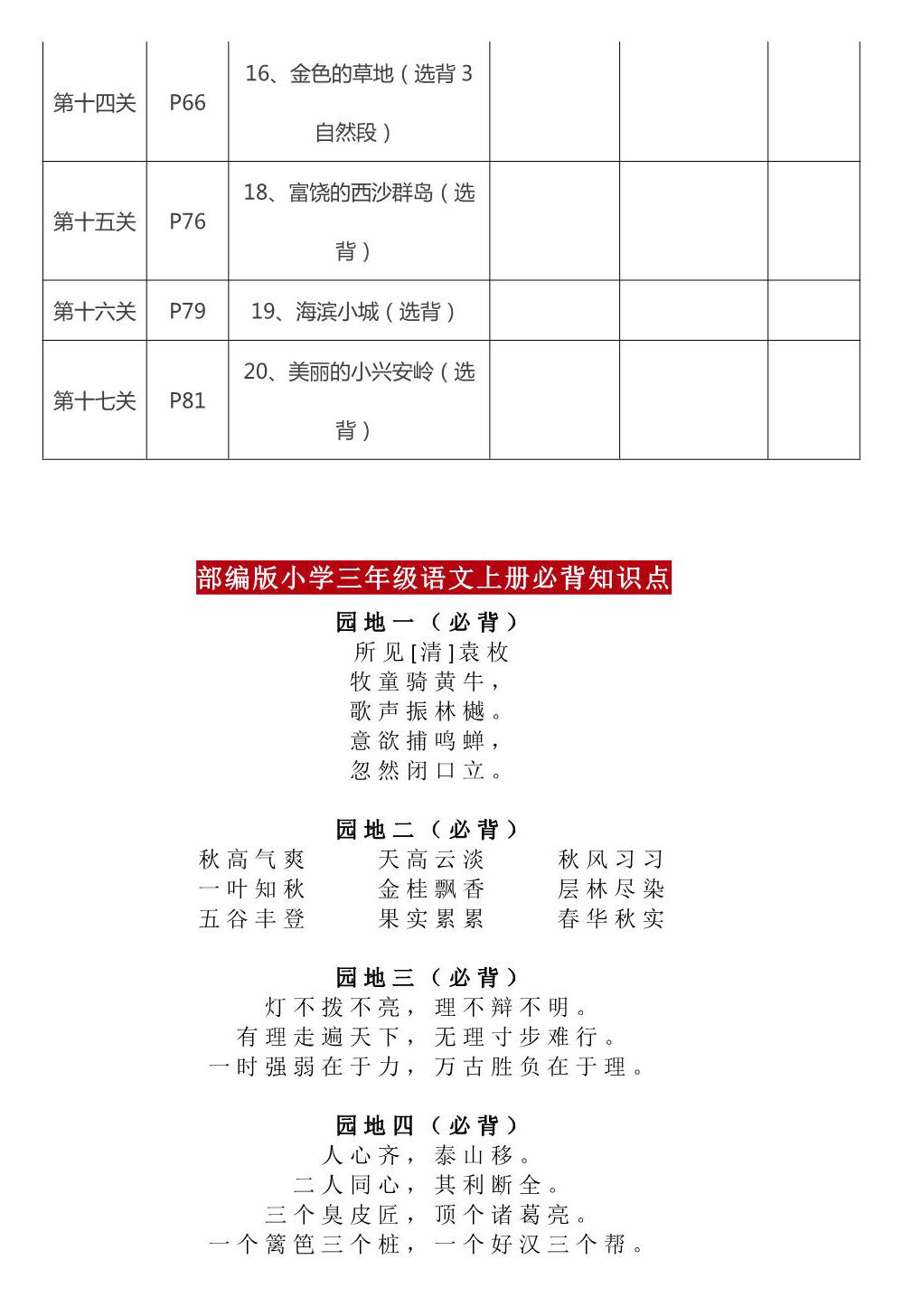 图片[2]-三年级上册语文背诵课文内容及闯关表，8页PDF电子版-淘学学资料库