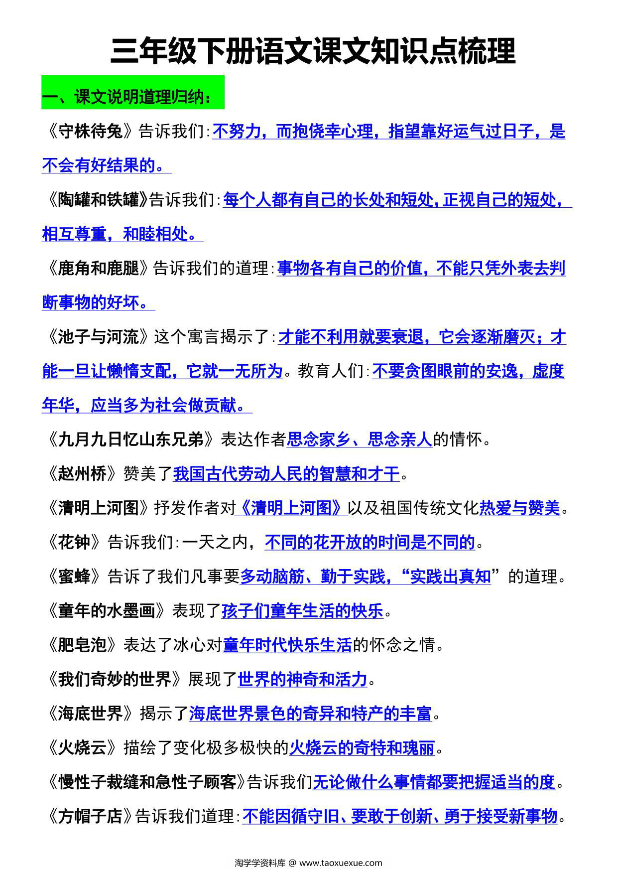 图片[1]-三年级语文下册知识点归纳总复习，39页PDF电子版-淘学学资料库