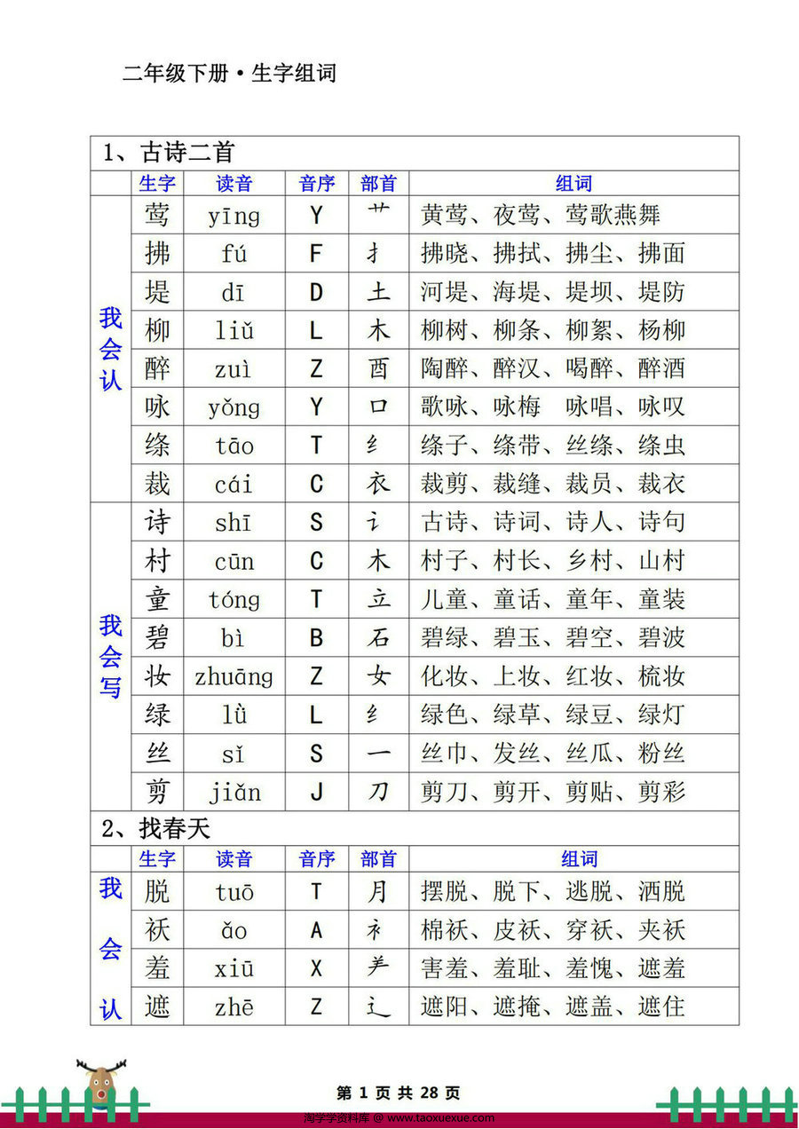 图片[1]-二年级下册语文生字组词（一类生字+二类生字），28页PDF电子版-淘学学资料库