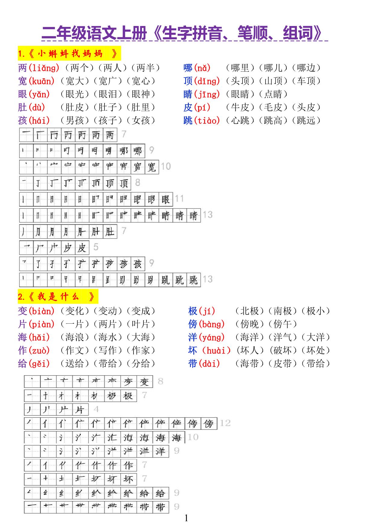 图片[1]-二年级语文上册《生字拼音、笔顺、组词》，14页PDF可打印-淘学学资料库