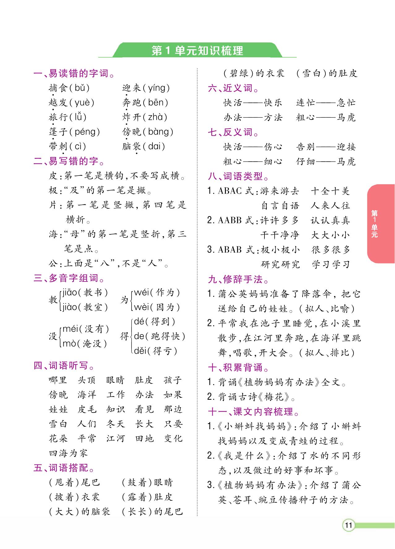 图片[1]-二年级语文上册单元知识梳理，8页PDF-淘学学资料库
