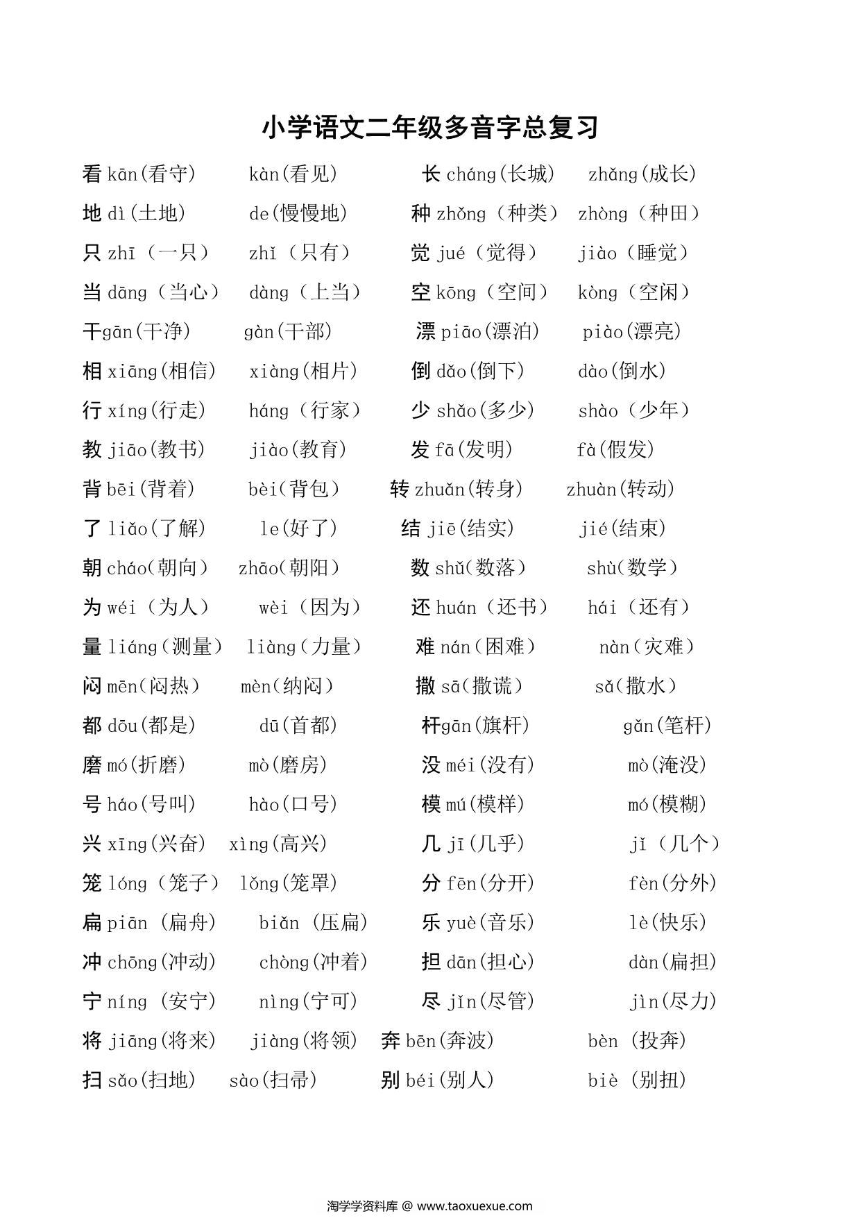 图片[1]-二年级语文上册多音字及组词汇总，4页PDF可打印-淘学学资料库
