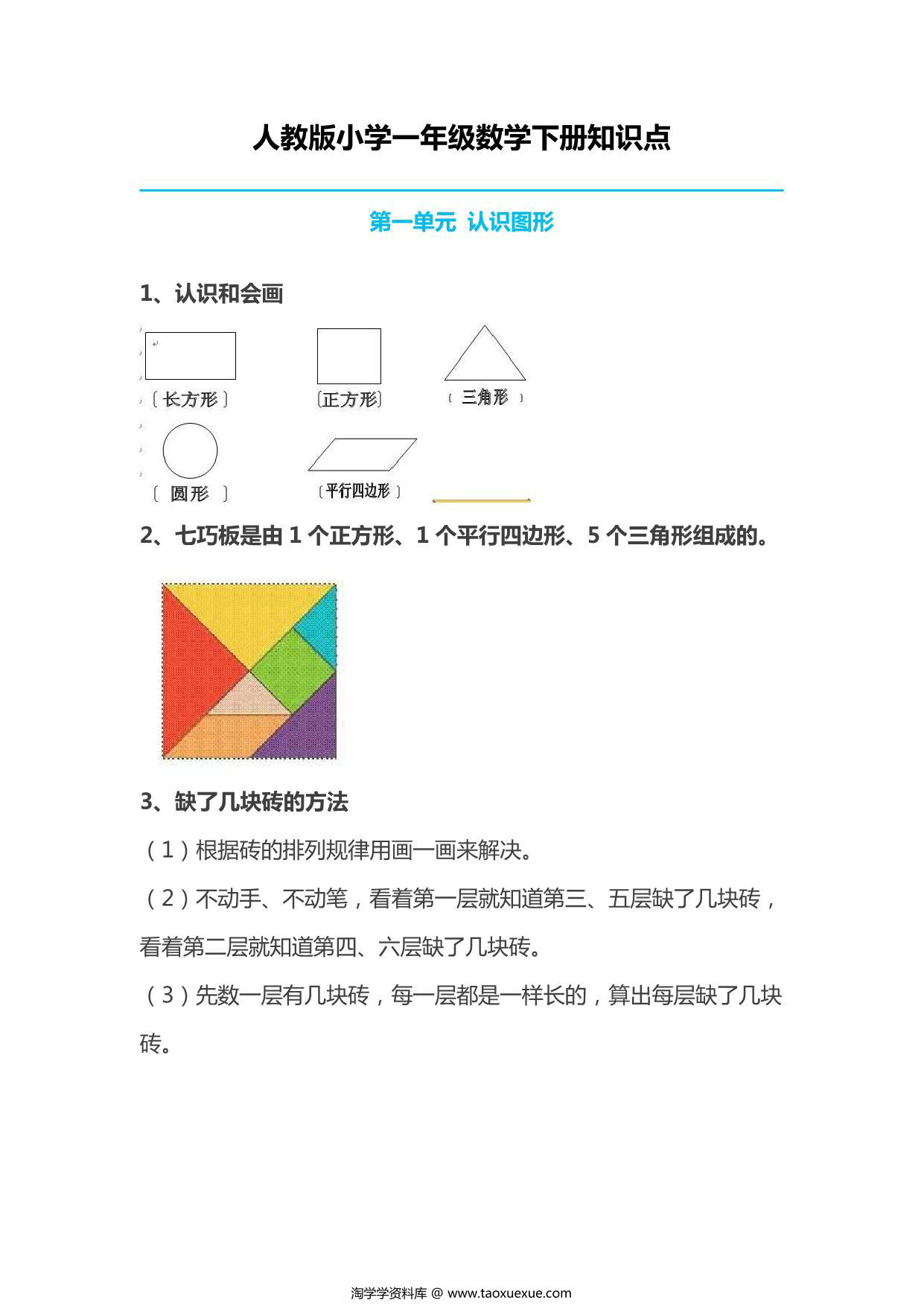 图片[1]-人教版小学一年级数学下册知识点 13页PDF-淘学学资料库