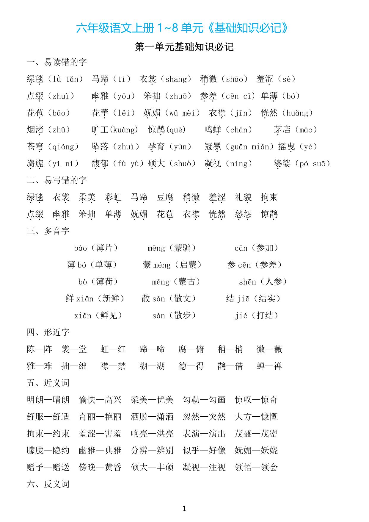 图片[1]-六年级上册语文1~8单元《基础知识必记》，21页PDF电子版-淘学学资料库