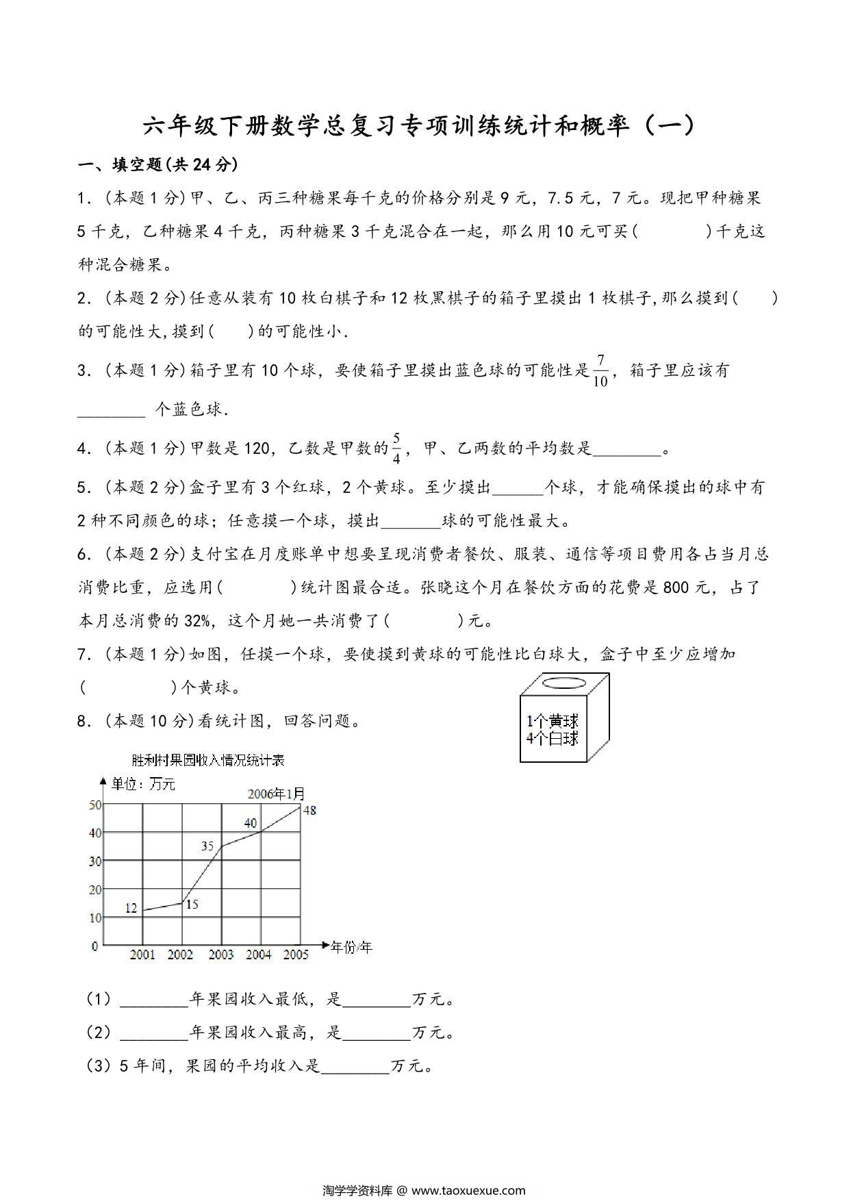 图片[1]-六年级下册数学总复习专项训练统计和概率（一）（人教版），10页PDF电子版-淘学学资料库