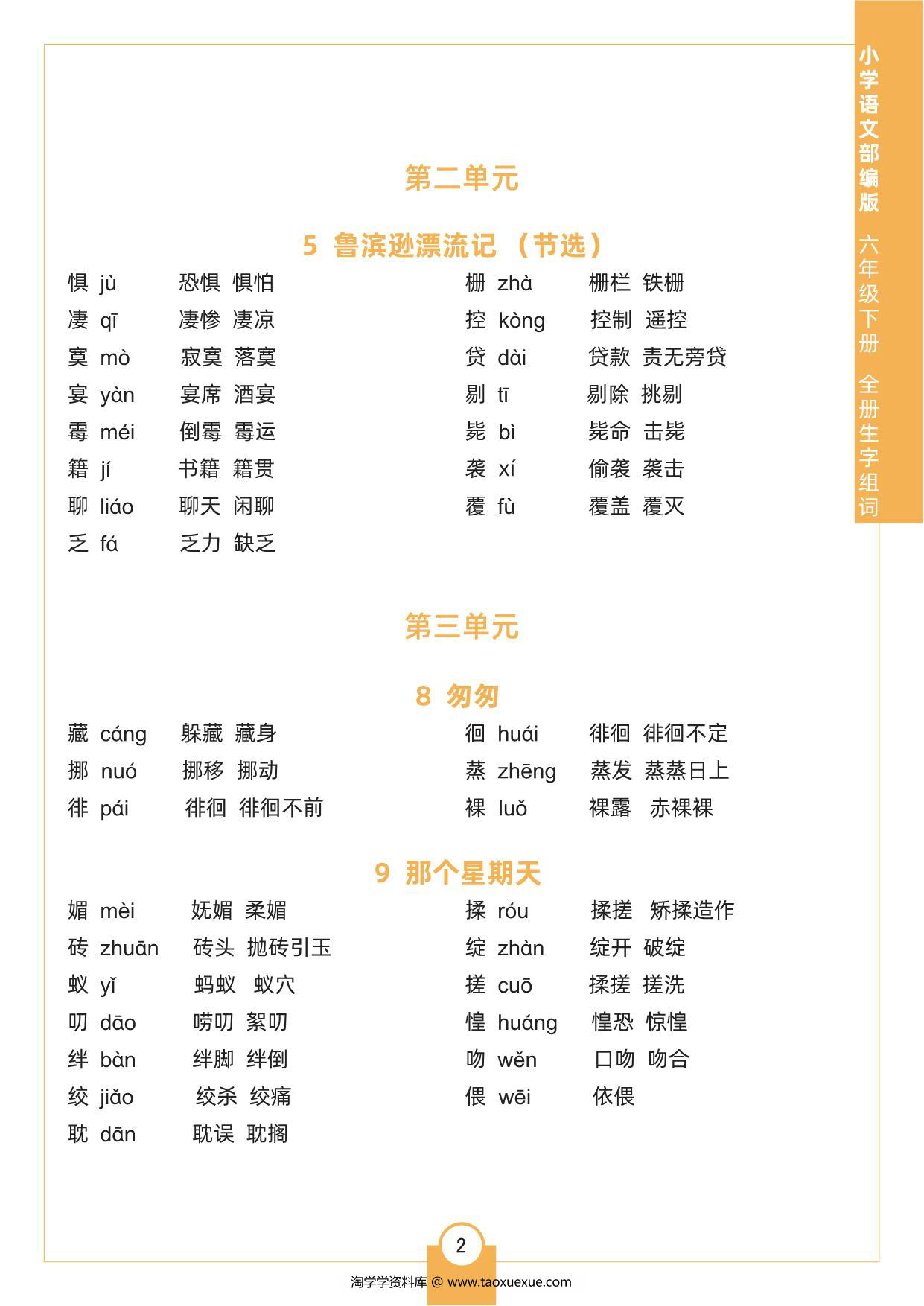 图片[2]-六年级下册语文全册生字组词，4页pdf可打印-淘学学资料库