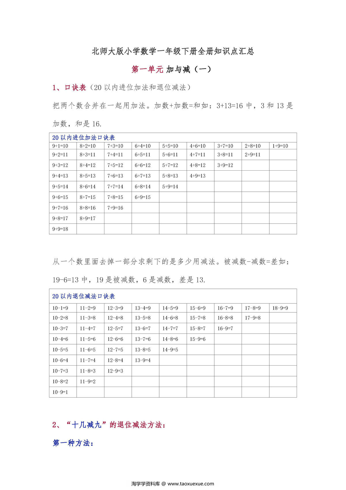 图片[1]-北师大版小学一年级数学下册全册知识点汇总-淘学学资料库