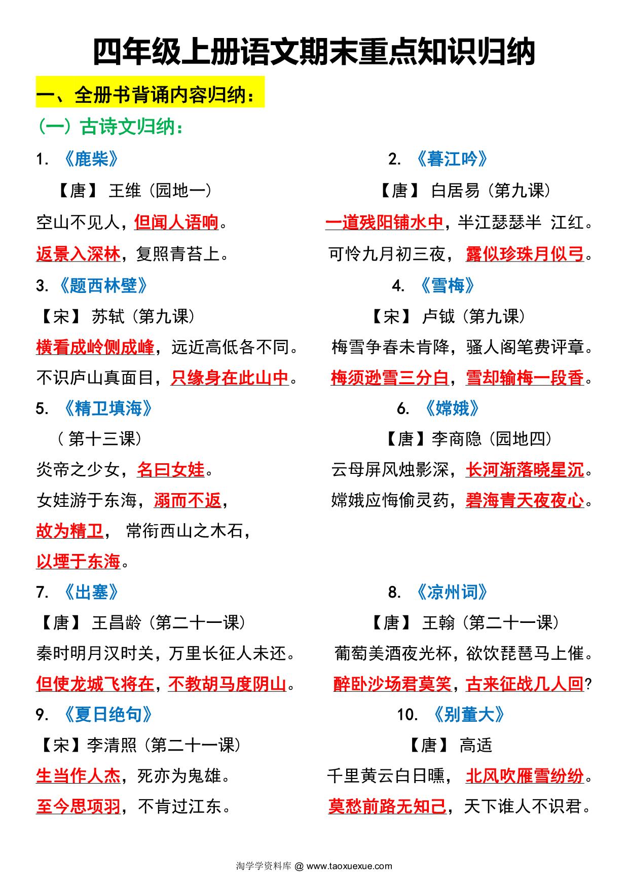 图片[1]-四年级上册语文期末重点知识归纳，24页PDF可打印-淘学学资料库