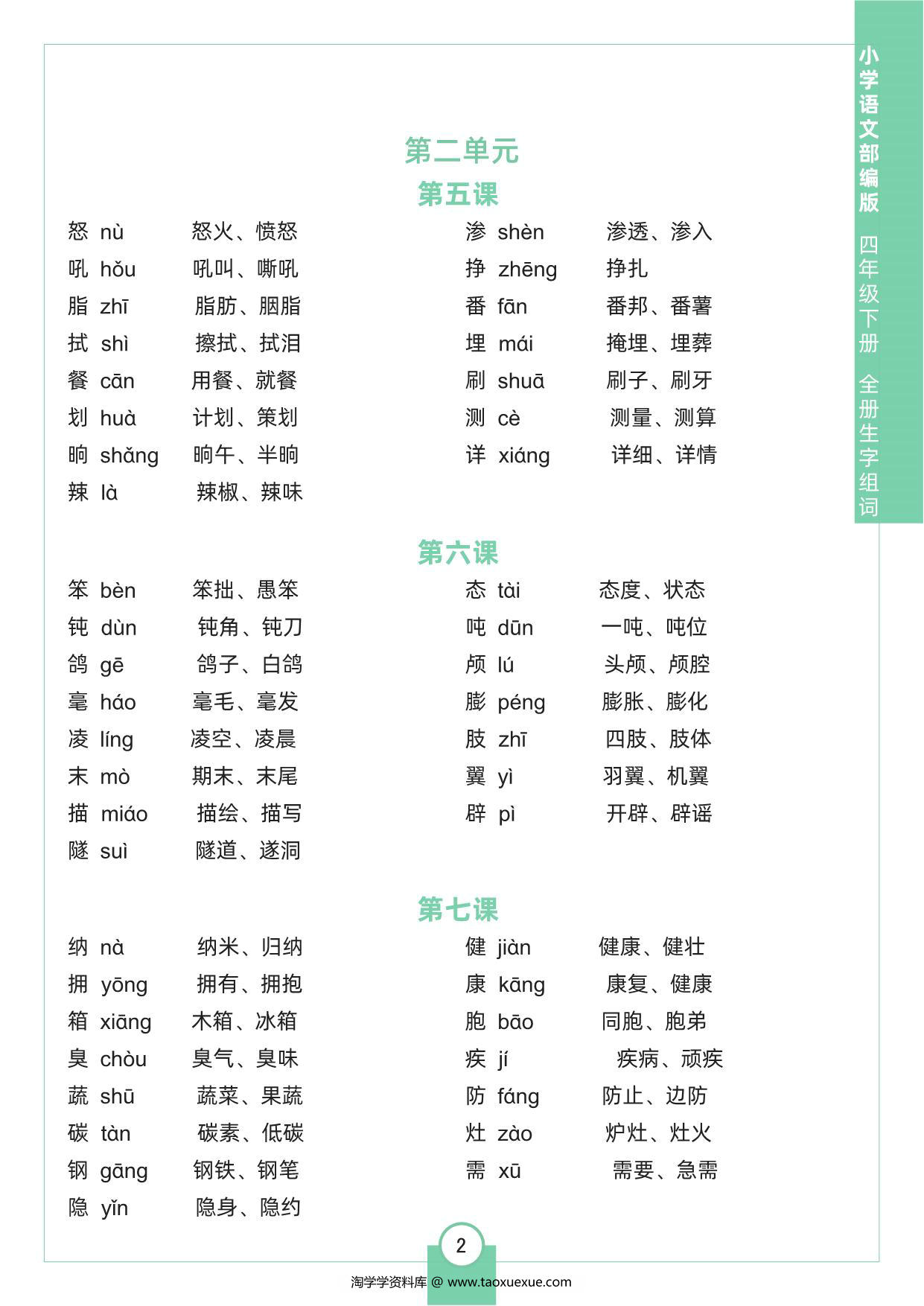 图片[2]-四年级下册语文全册生字组词，8页pdf可打印-淘学学资料库