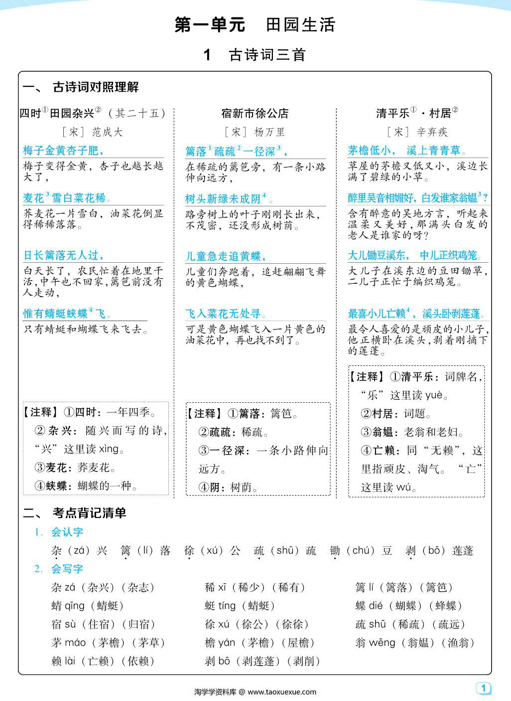 图片[1]-四年级下册语文每课考点梳理，41页PDF可打印-淘学学资料库