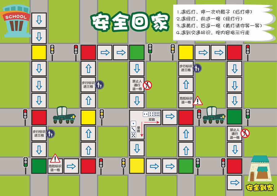 图片[1]-安全回家（交通安全），生活常识棋类益智游戏，自制儿童桌游PDF素材可打印-淘学学资料库
