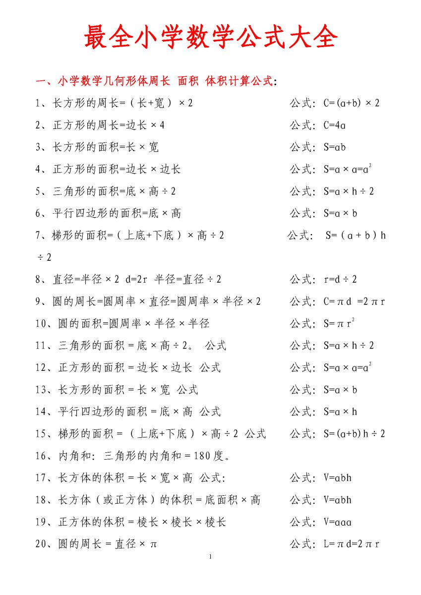 图片[1]-小学1-6年级数学公式大全(最新版)，学会数学公式，再难的题目也都不再话下。-淘学学资料库
