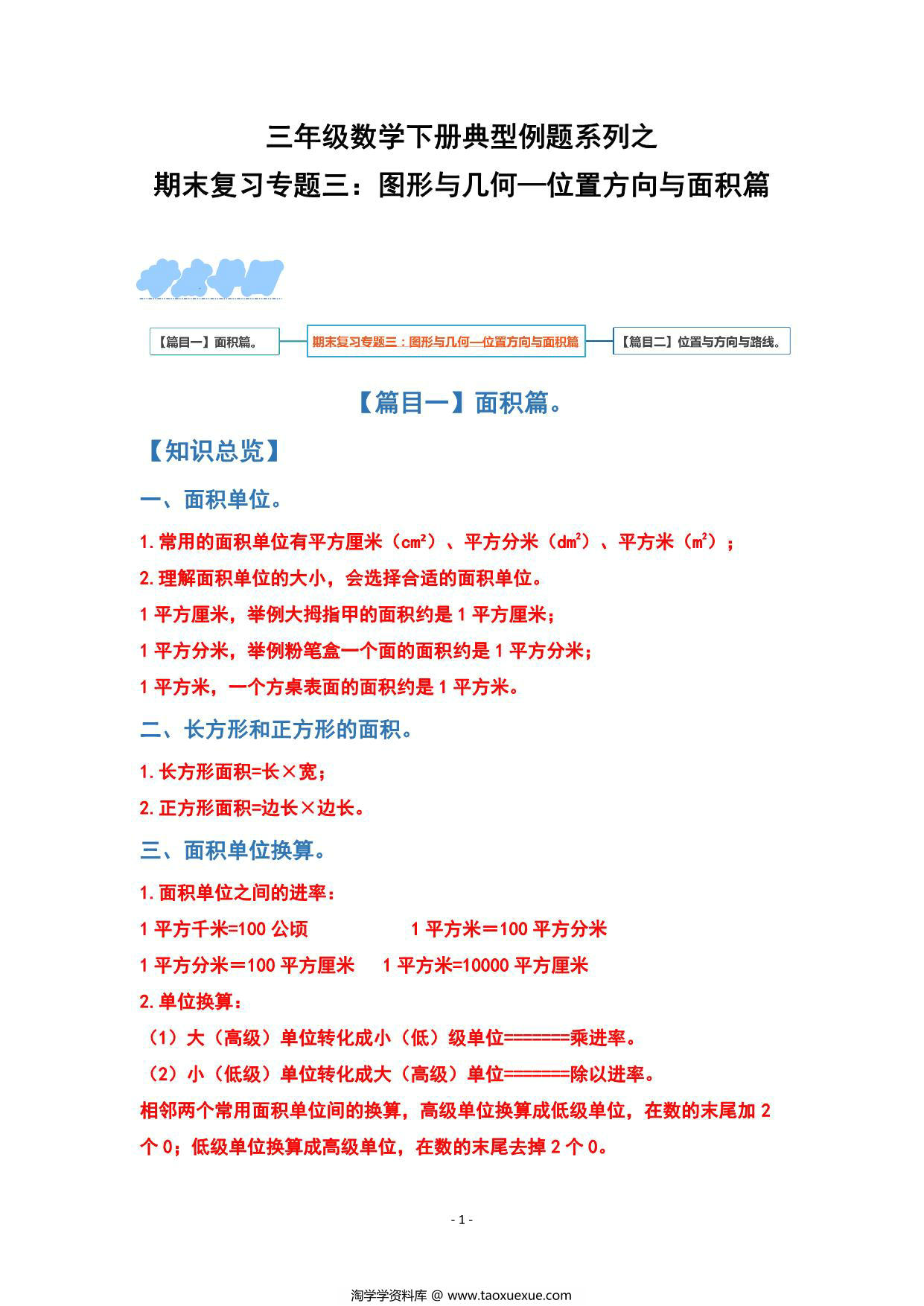 图片[1]-期末复习专题三：图形与几何—位置方向与面积篇 – 三年级数学下册典型例题 人教版，13页PDF电子版-淘学学资料库