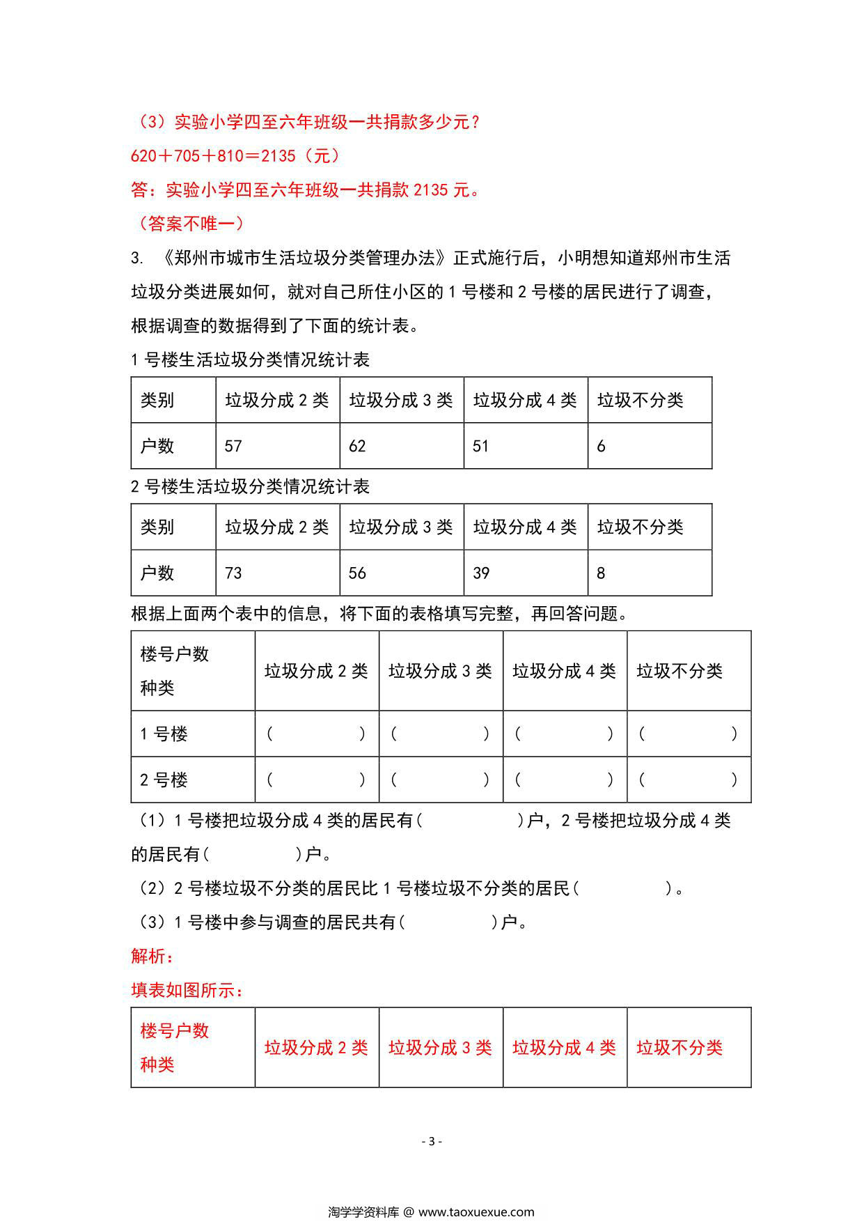 图片[3]-期末复习专题四：统计与广角—复式统计表与搭配篇 – 三年级数学下册典型例题 人教版，8页PDF可打印-淘学学资料库