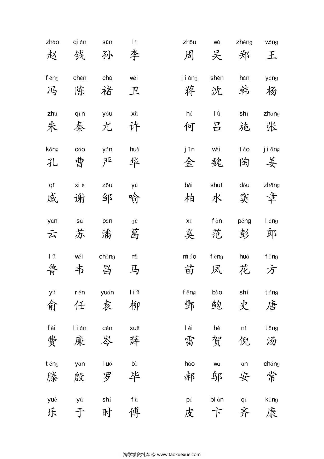 图片[1]-百家姓拼音版，8页PDF可打印-淘学学资料库