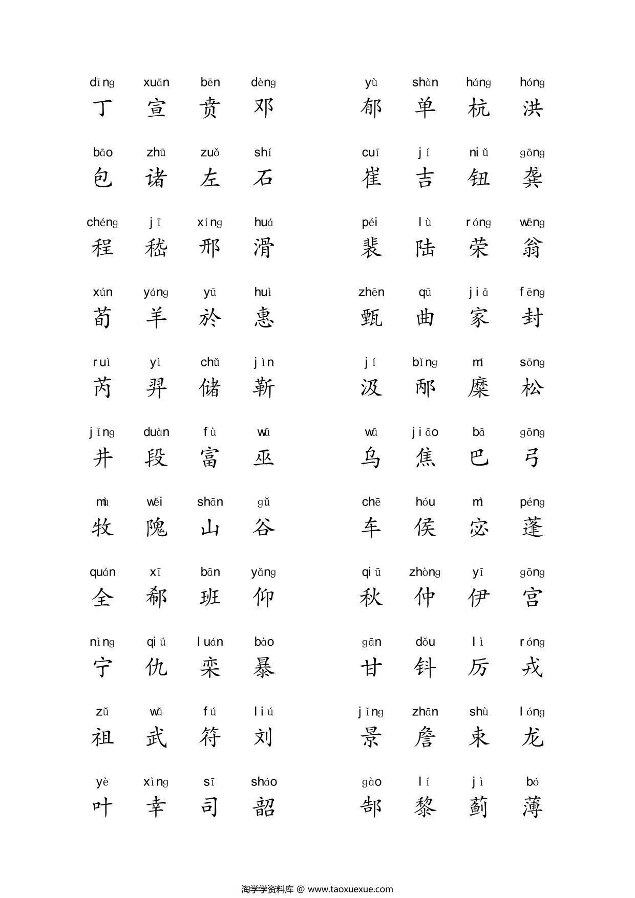 图片[3]-百家姓拼音版，8页PDF可打印-淘学学资料库