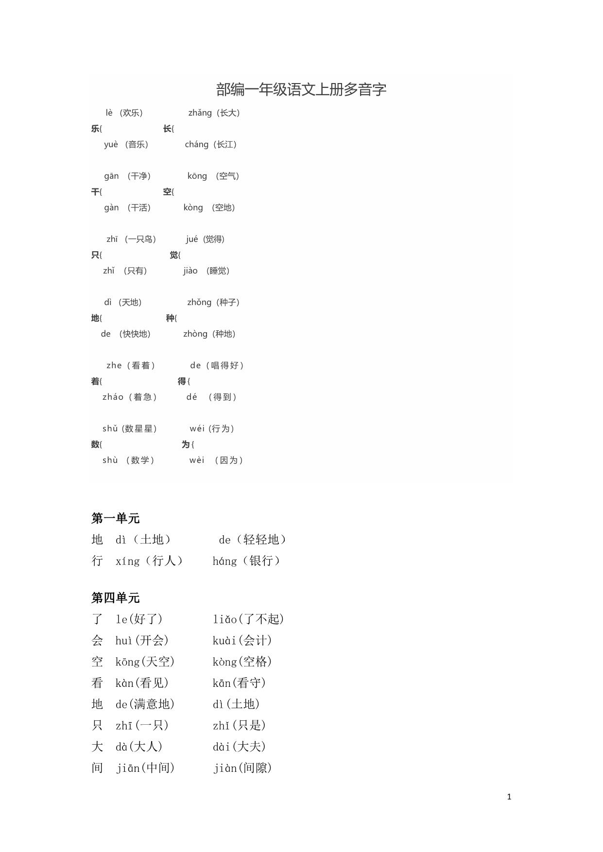 图片[1]-部编一年级语文上册多音字，2页PDF-淘学学资料库