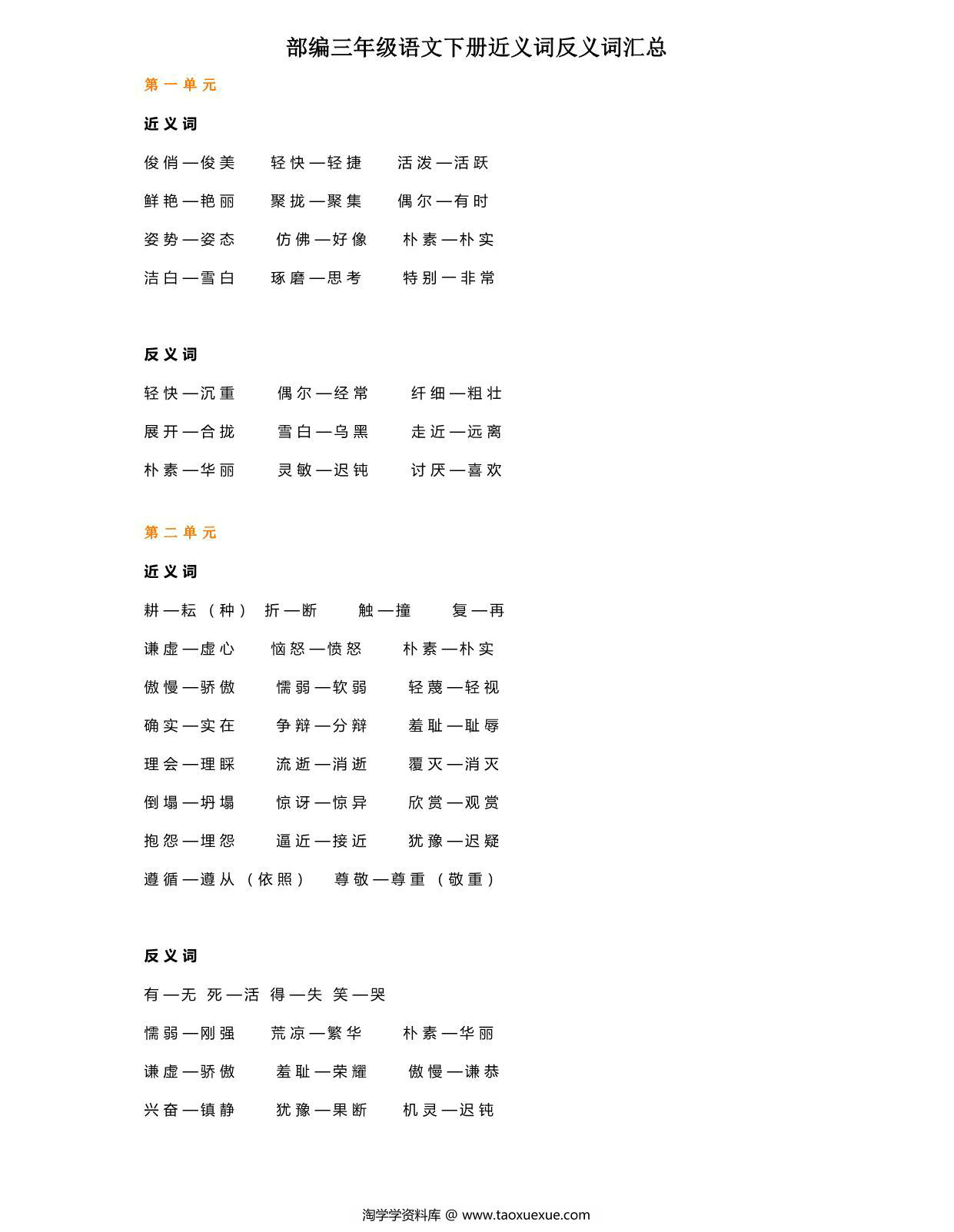 图片[1]-部编三年级语文下册近义词反义词汇总，5页PDF-淘学学资料库